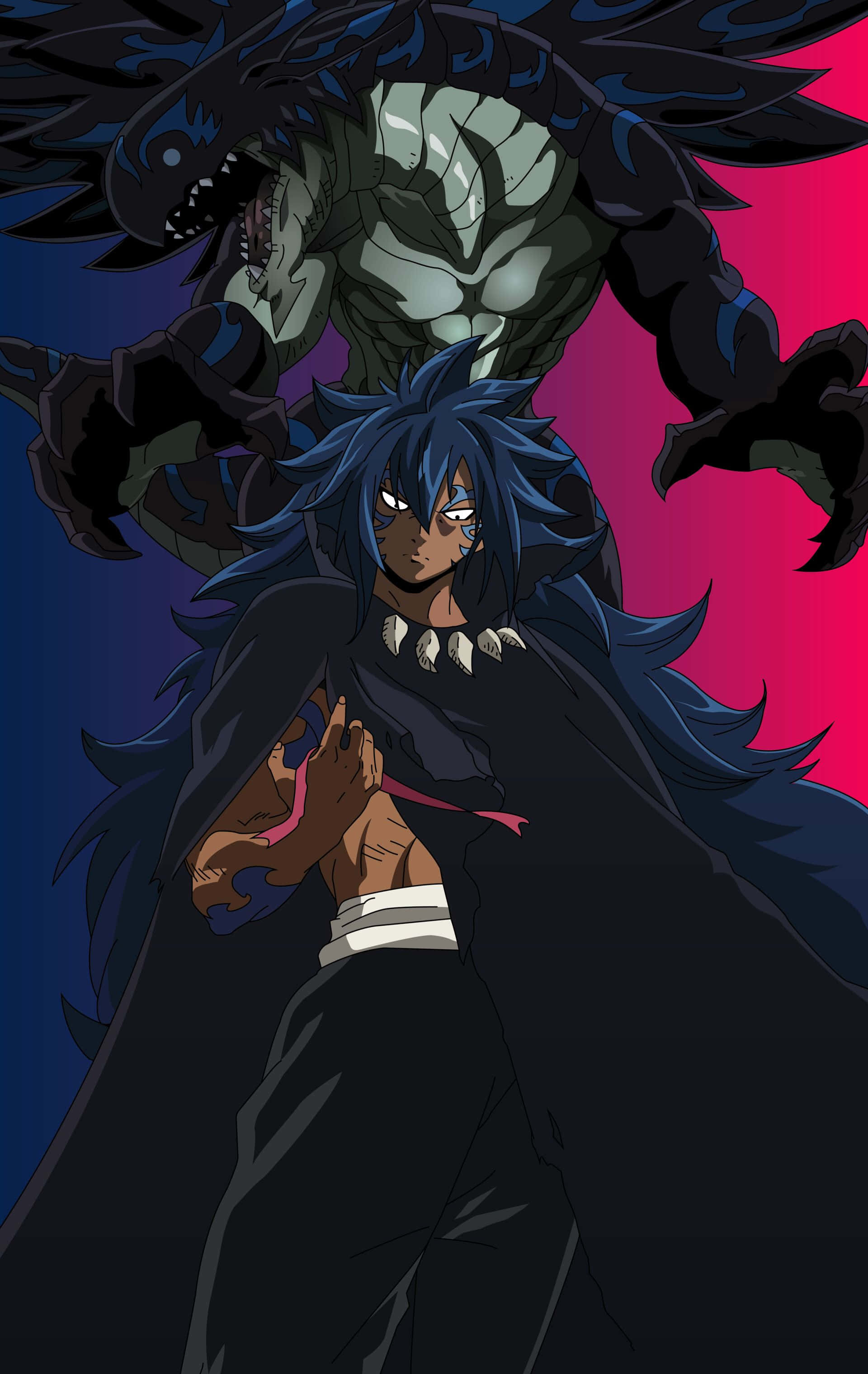 Acnologia, blue-haired anime warrior, black cloak, 2K Phone Wallpaper