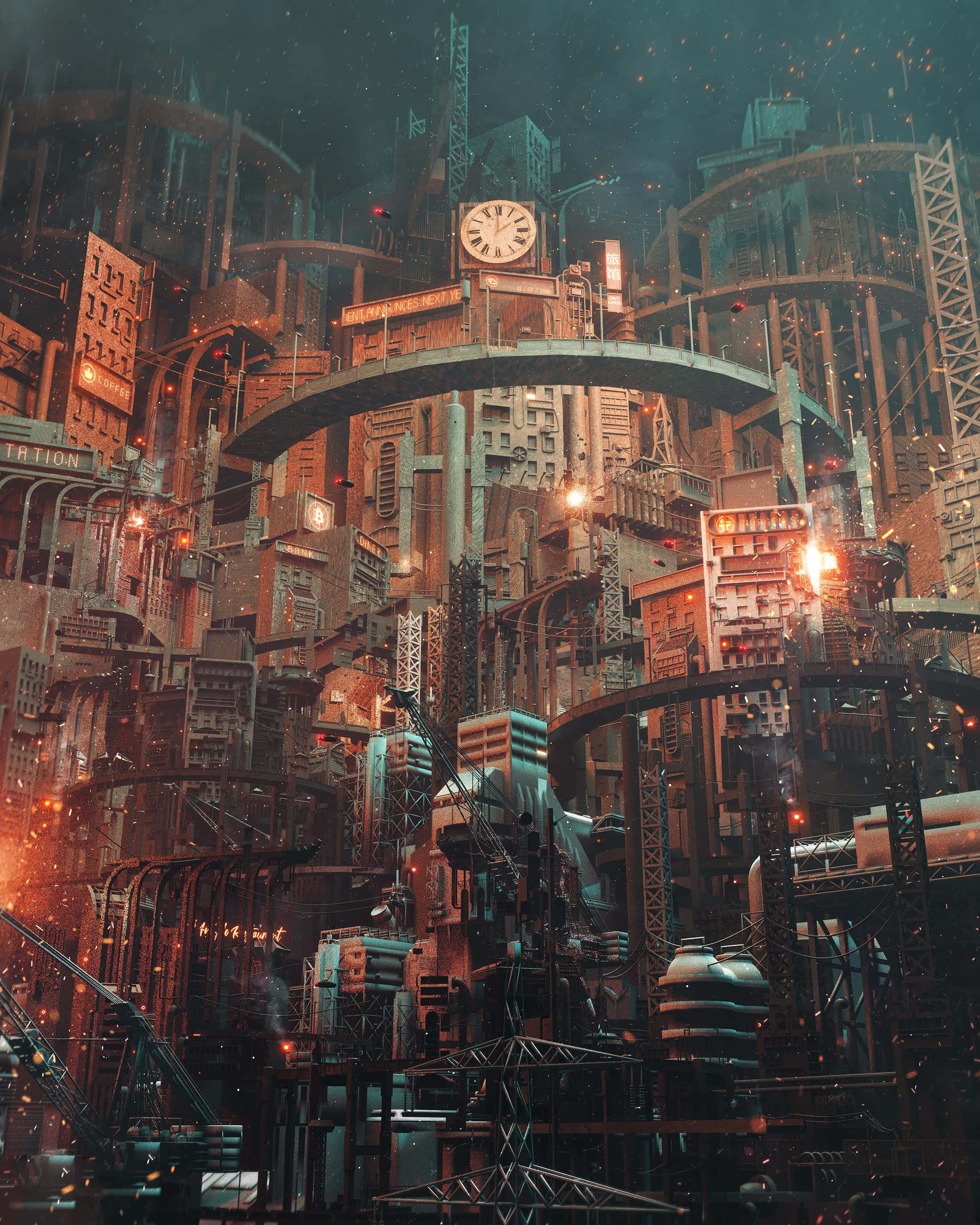 Acropolis, cyberpunk cityscape, neon signs, 2K Phone Wallpaper