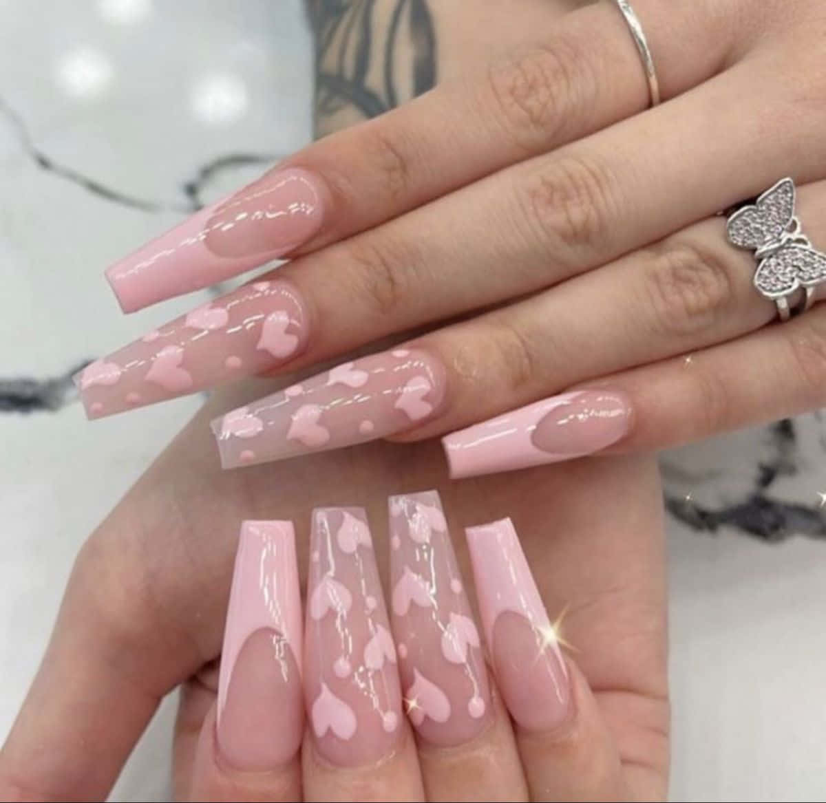 pink acrylic nails, hearts, glitter accents, SD Desktop Wallpaper