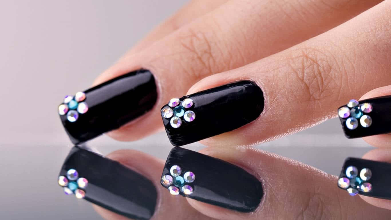 black nails, crystals, floral patterns, HD Desktop Wallpaper