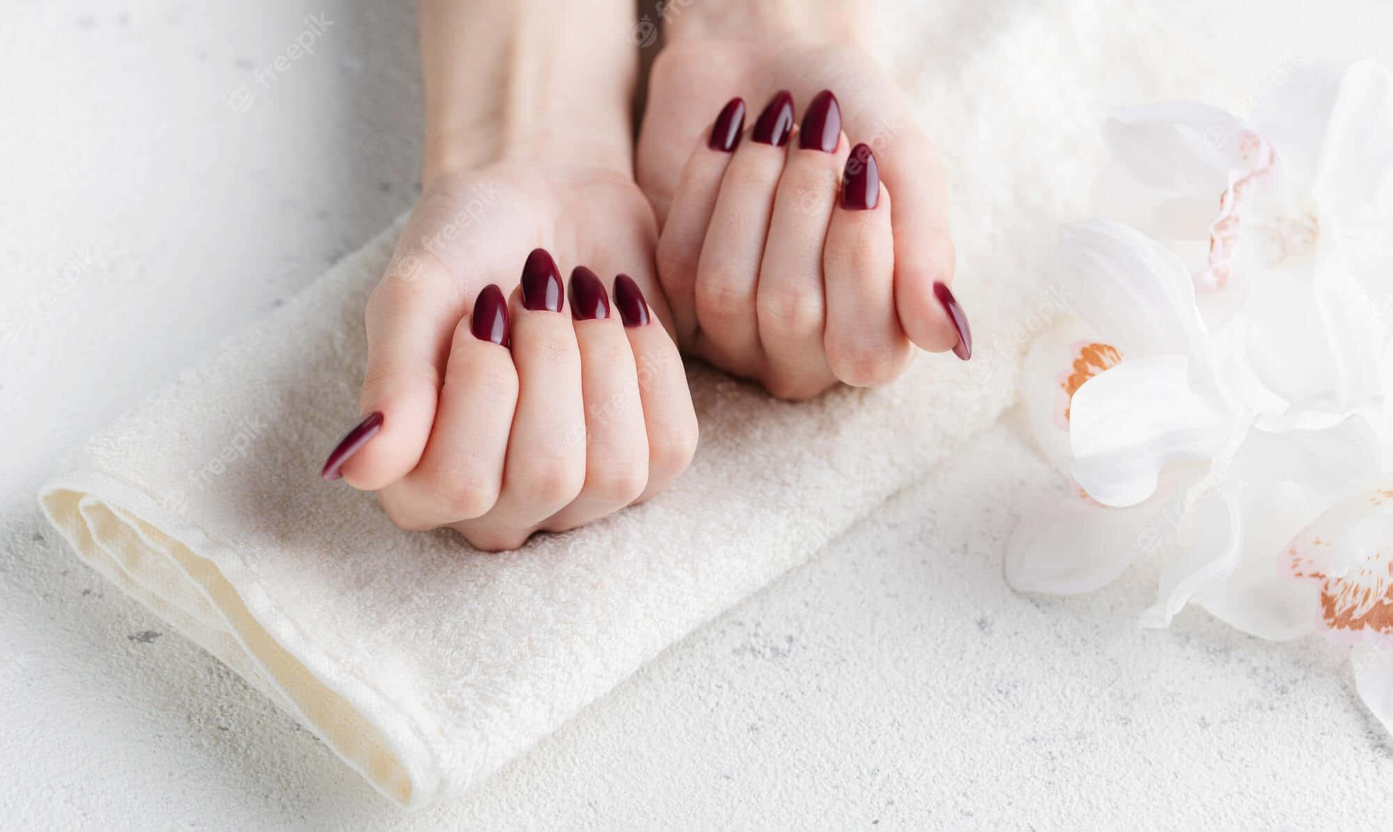 burgundy nails, deep red manicure, soft white towel, Full HD Desktop Wallpaper