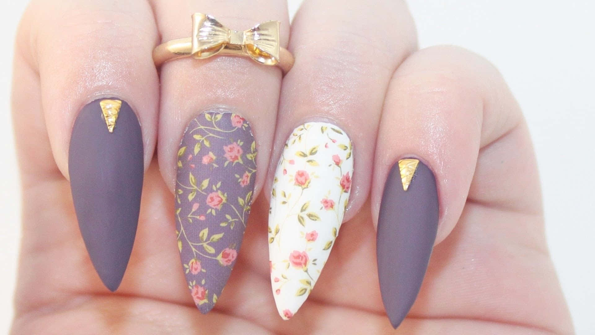 matte purple, floral designs, gold triangle tips, Full HD Desktop Wallpaper
