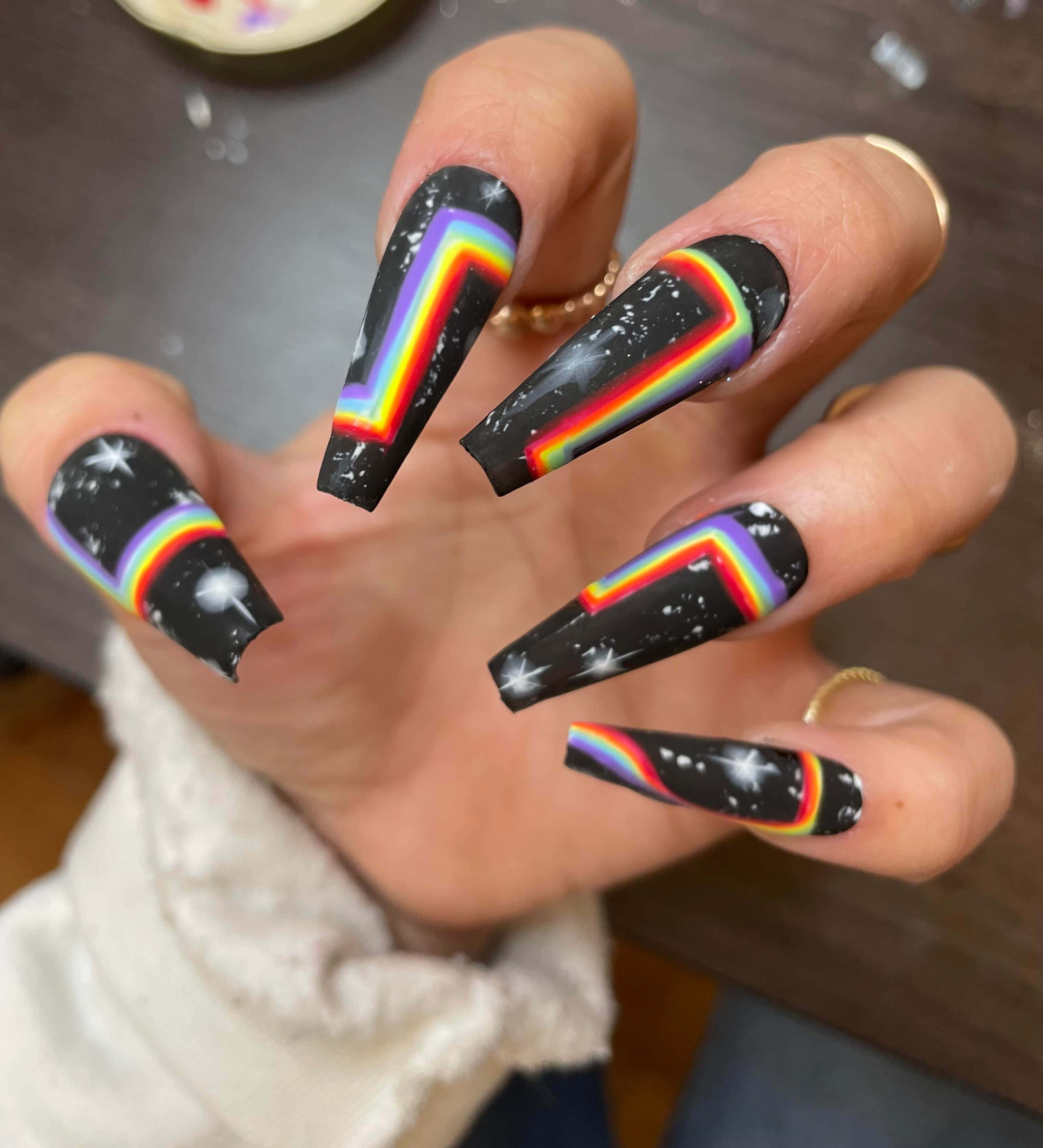 black nail, rainbow stripes, starry galaxy designs, 2K Phone Wallpaper