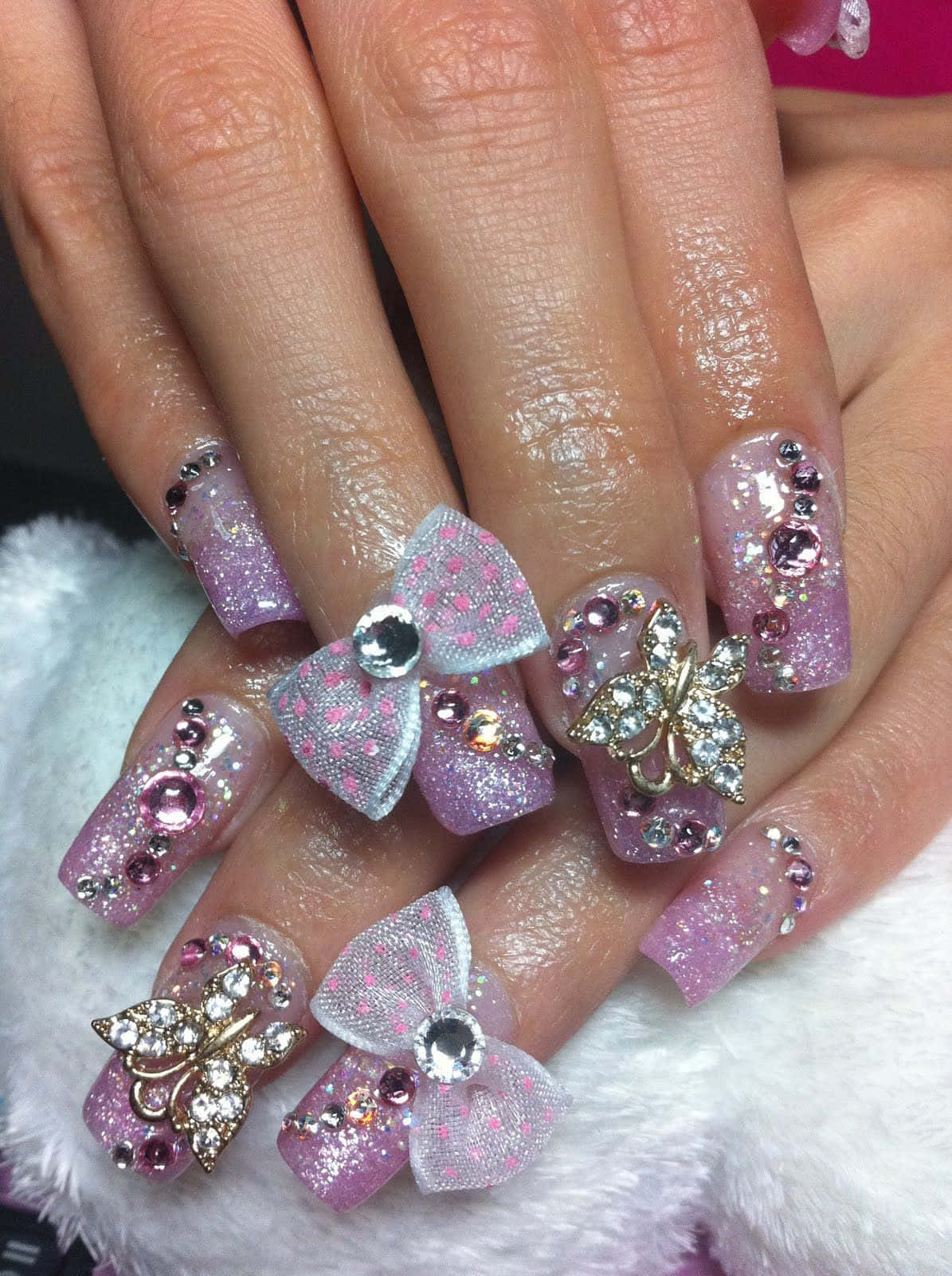 acrylic nails, glittery pink nails, rhinestones, HD Phone Wallpaper