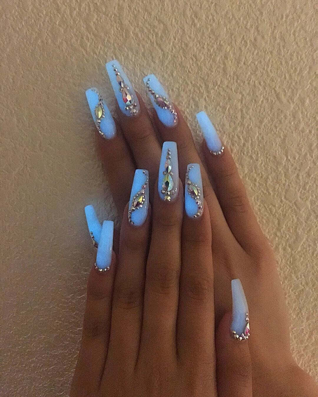 light blue, coffin nails, rhinestones, HD Phone Wallpaper