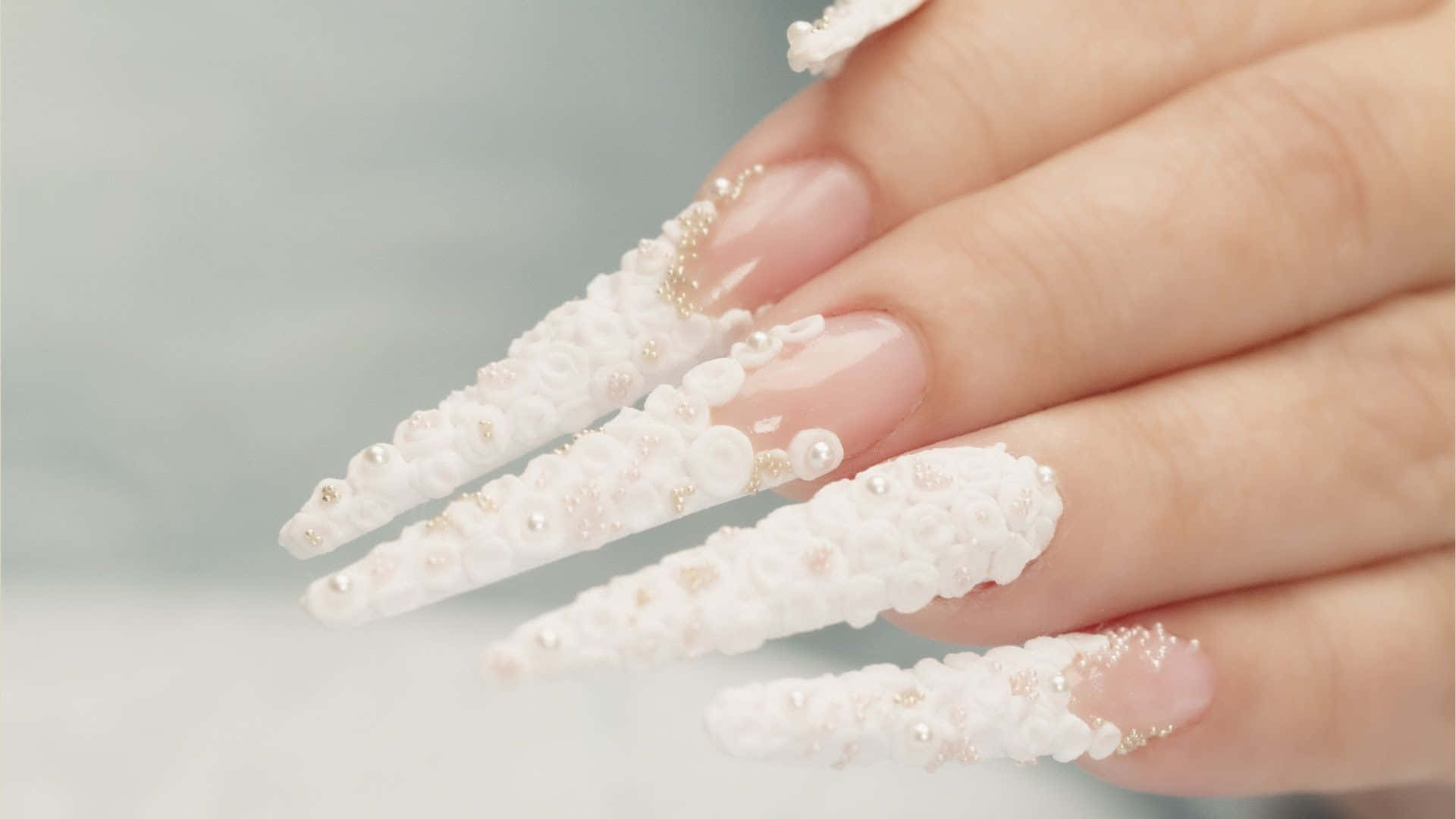 white stiletto nails, pearls, gold glitter, Full HD Desktop Wallpaper