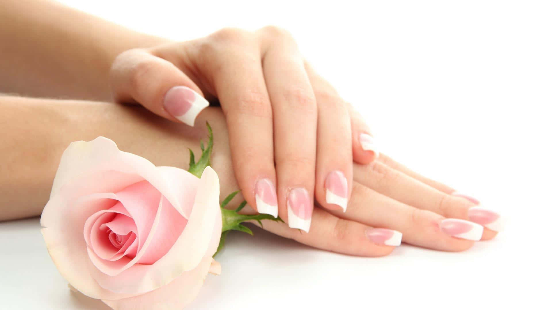pink and white French manicure, soft pink rose, pure white background, Full HD Desktop Wallpaper