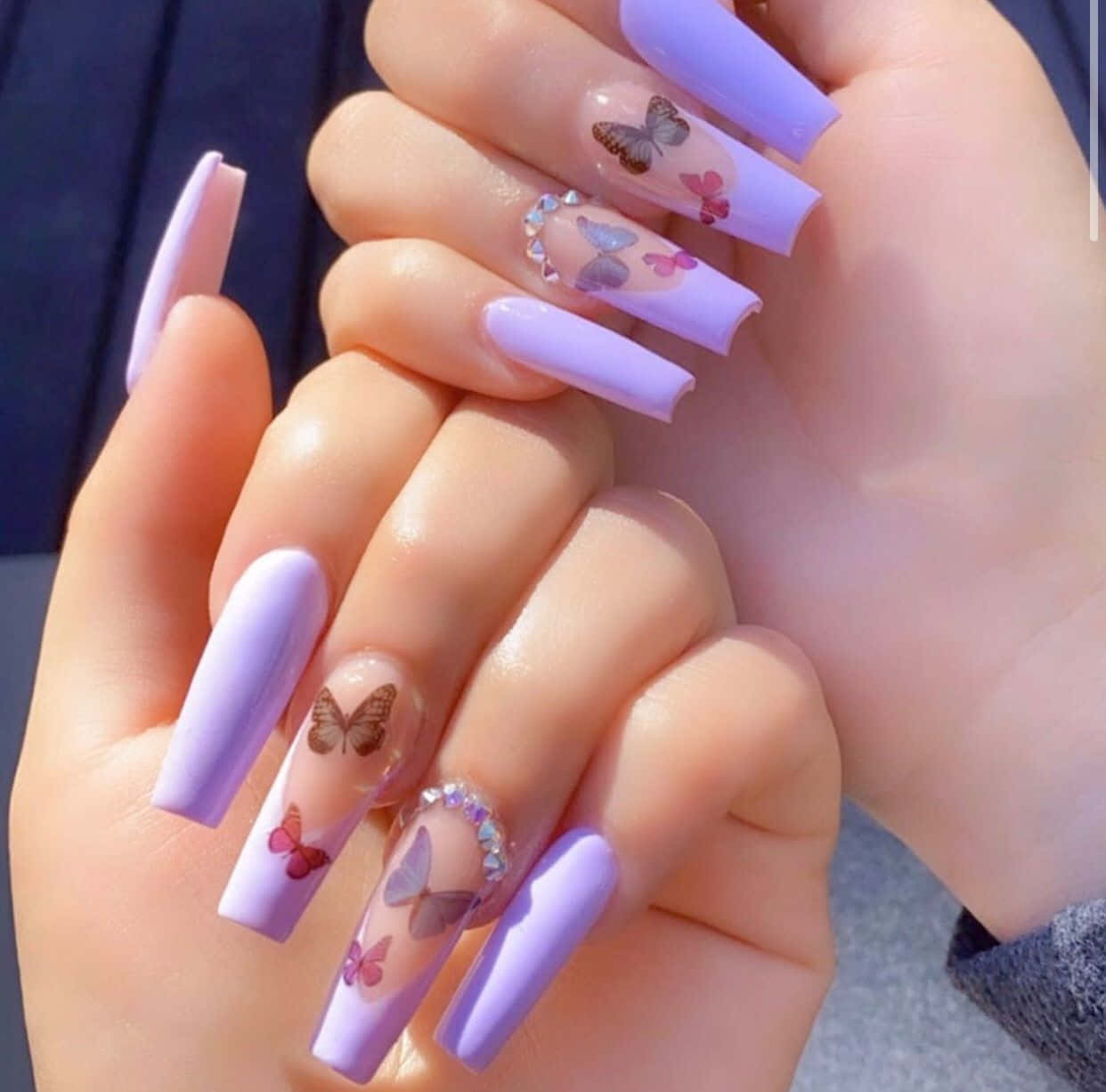 lavender acrylic nails, colorful butterfly decals, rhinestone accents, SD Desktop Wallpaper