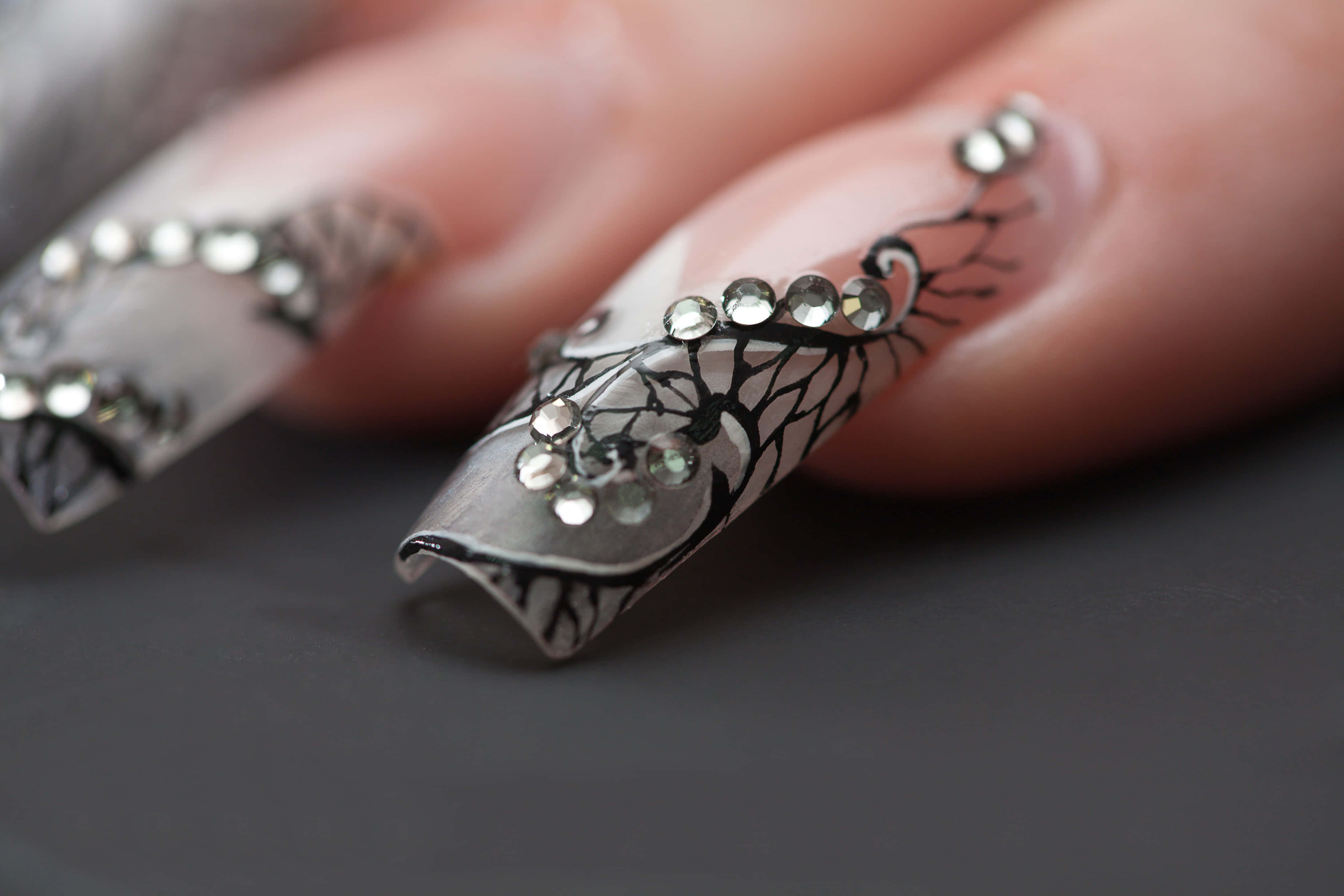 silver coffin nails, black tree designs, sparkling rhinestones, 4K Desktop Wallpaper