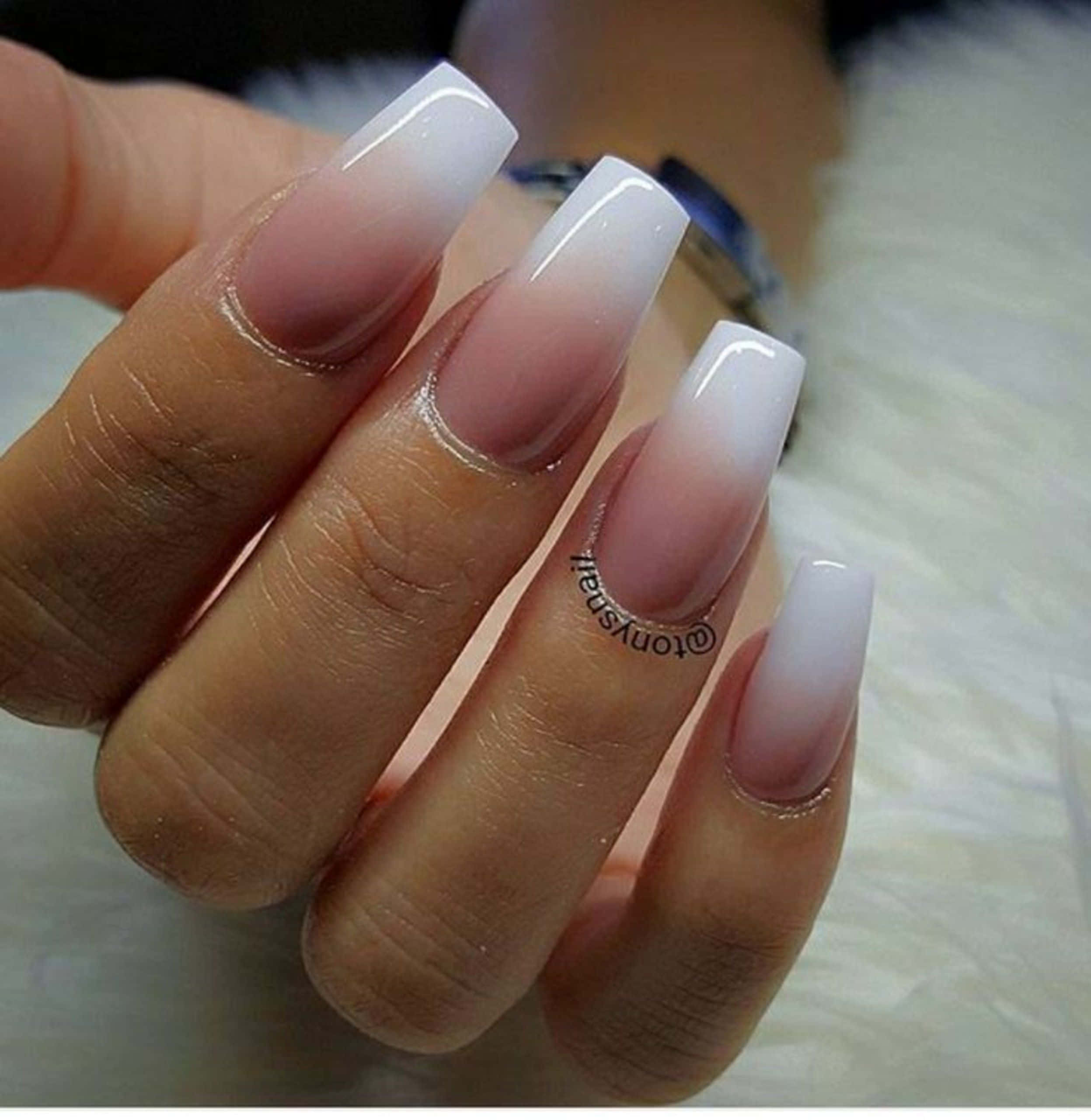 glossy white-to-pink ombre coffin nails, fluffy white surface, 2K Phone Wallpaper