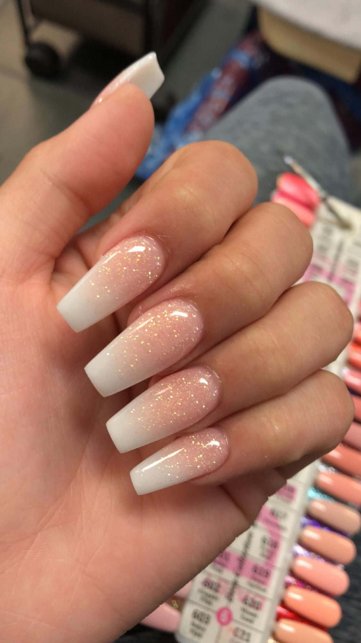 pink and white nail polish, long white coffin nails, glitter gradient from tip to base, Full HD Phone Wallpaper