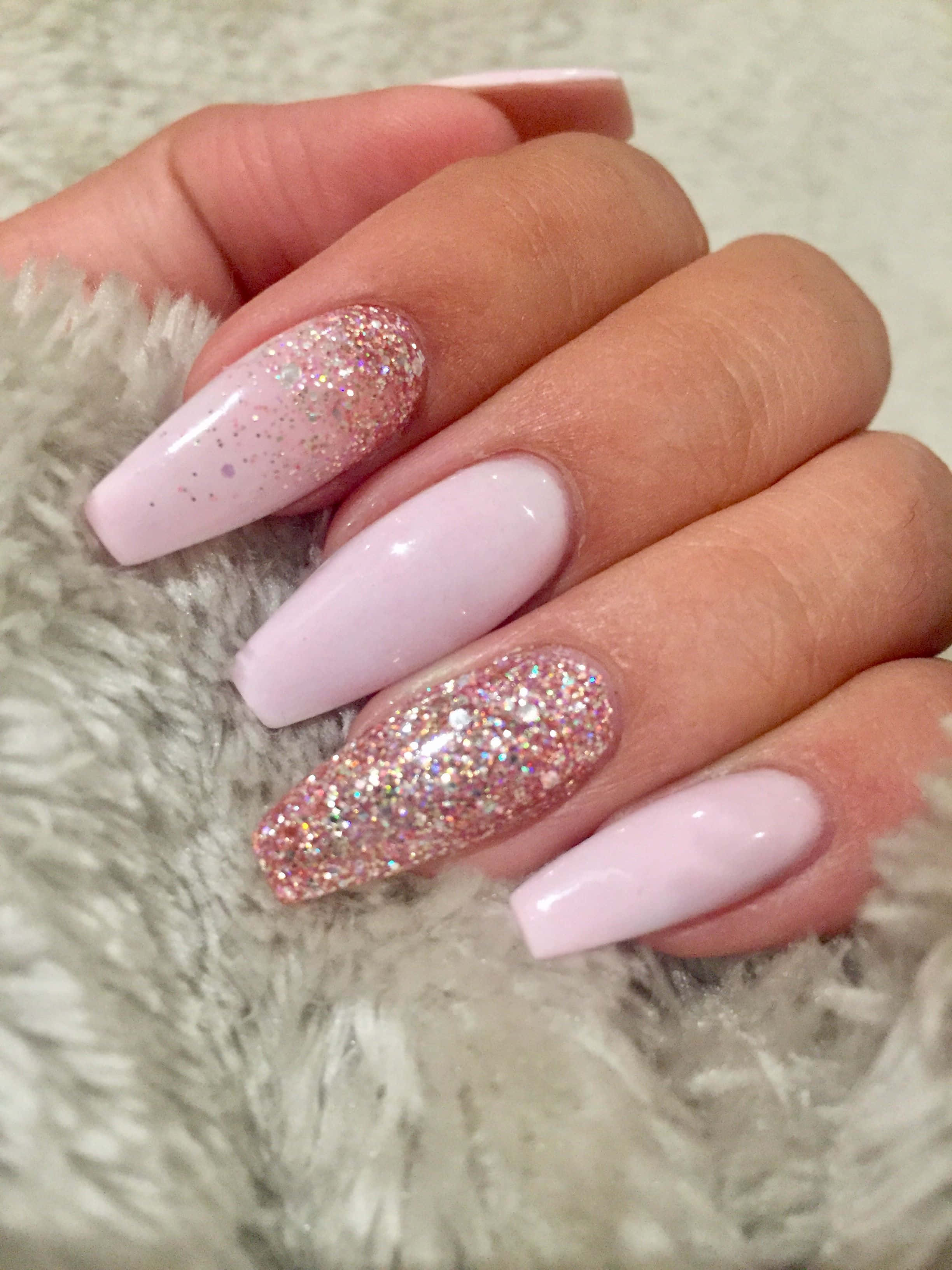 pink, silver glitter, long almond-shaped nails, 2K Phone Wallpaper