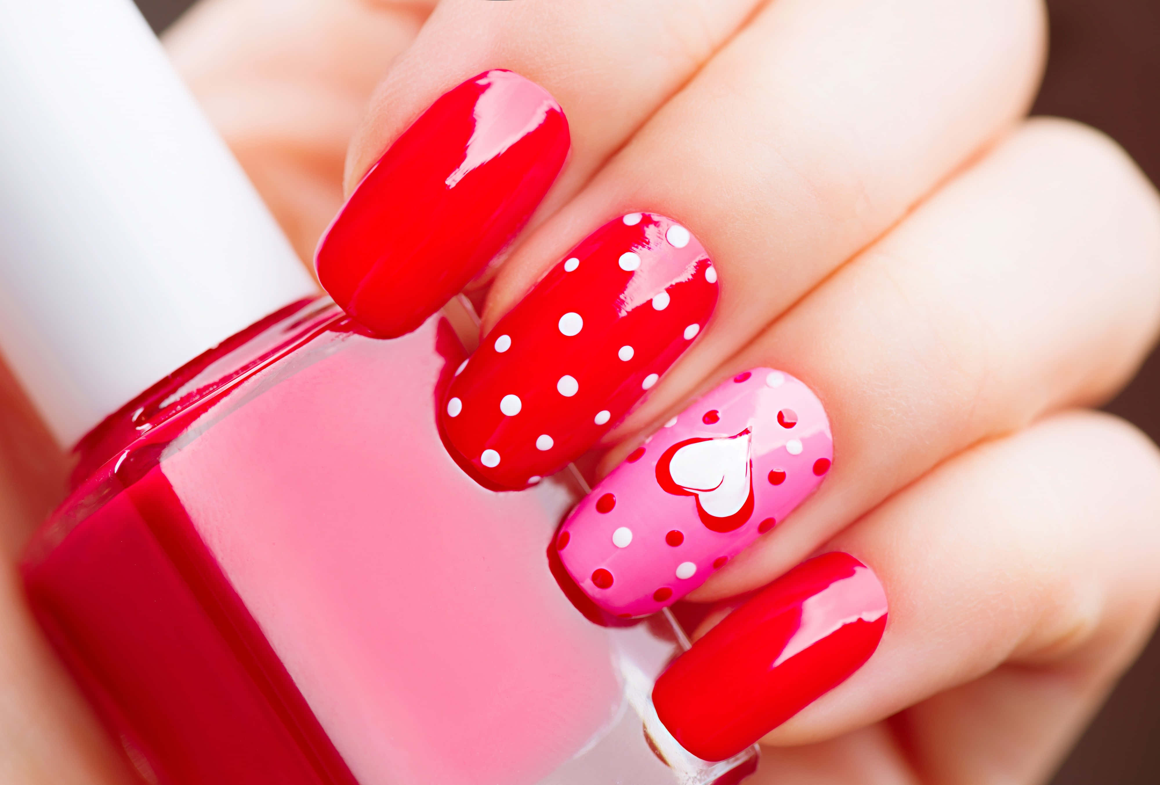 red nail polish, white polka dots, heart design, 4K Desktop Wallpaper