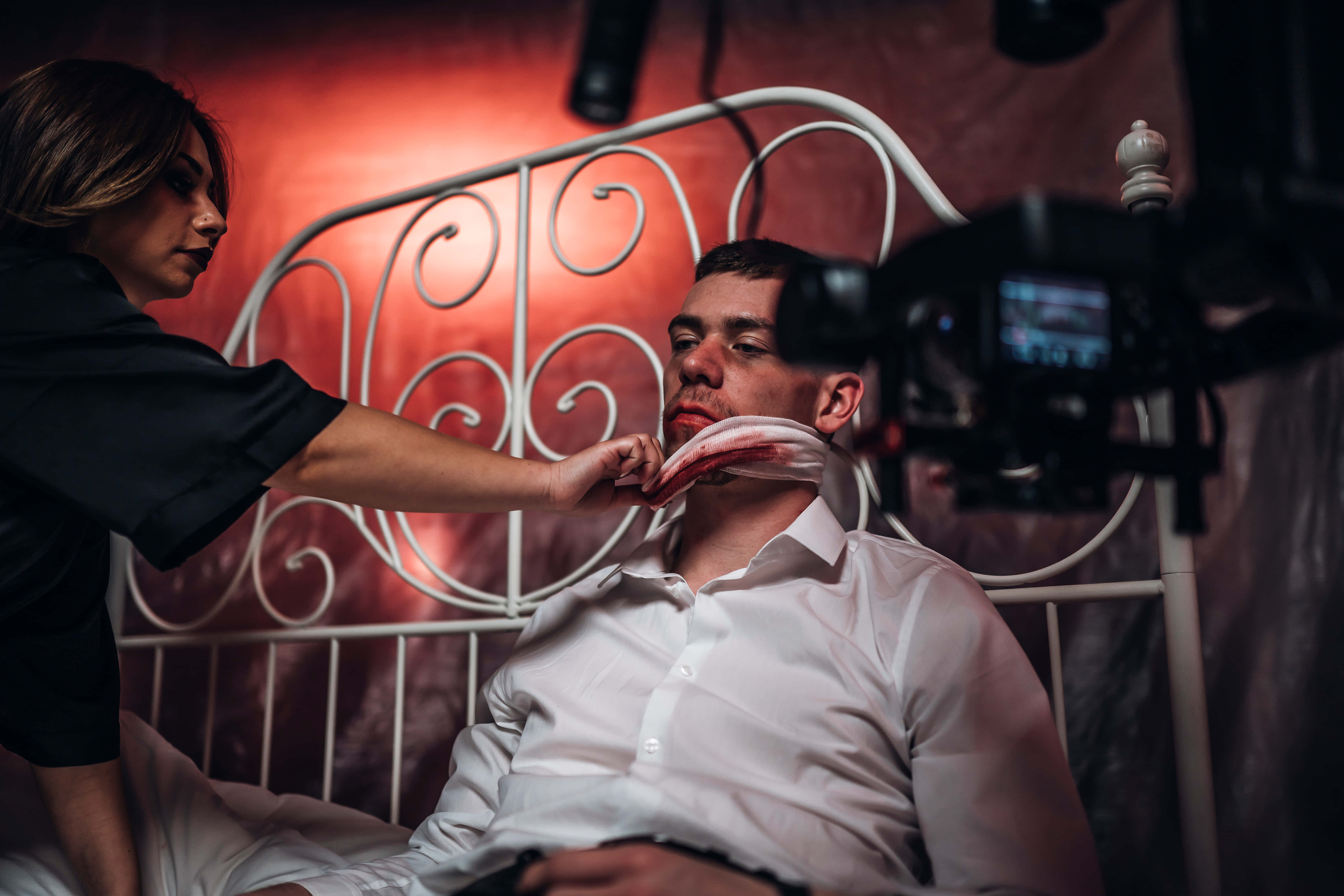 Man In Bed Acting Scene, bloody prop, camera, 5K Desktop Wallpaper