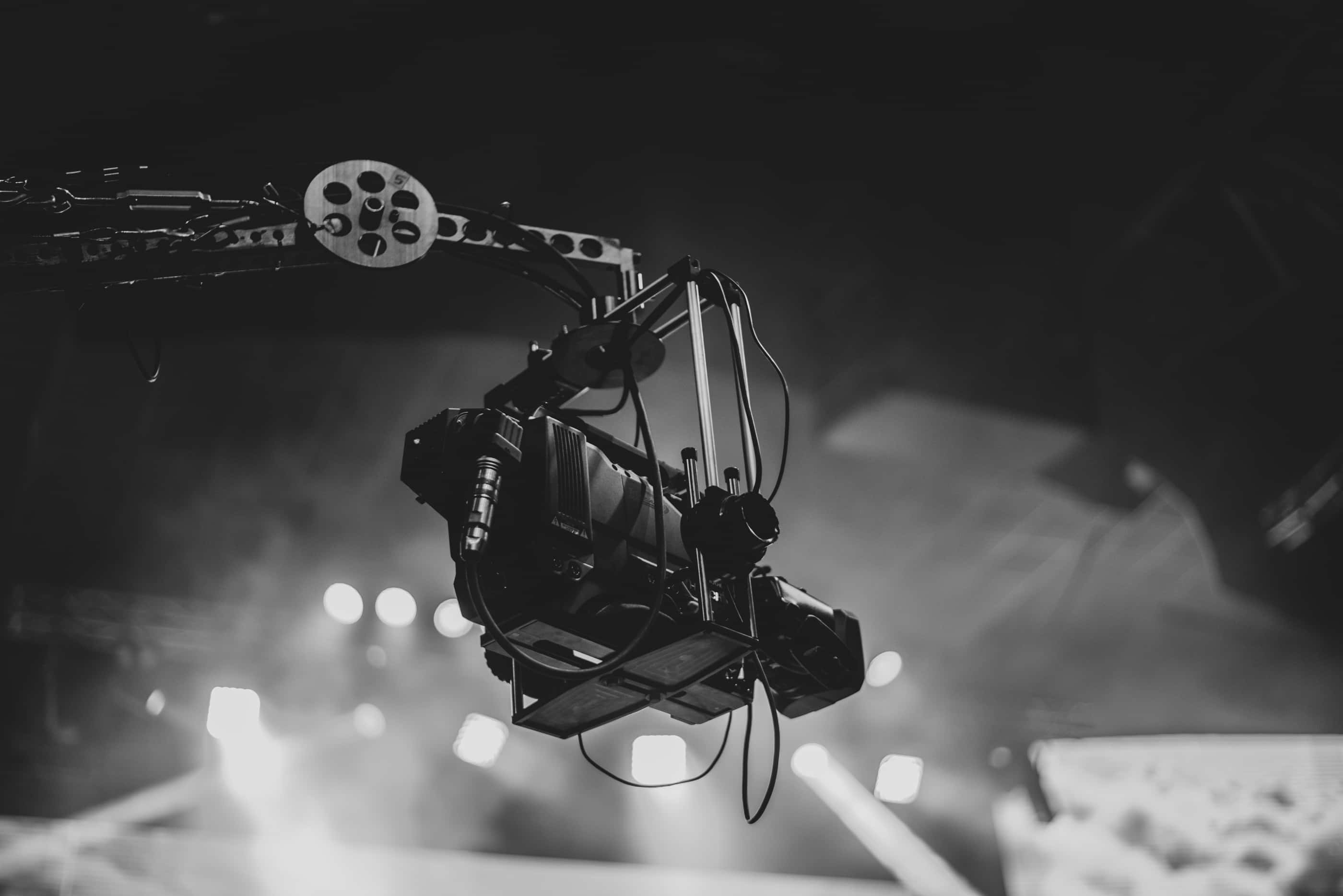 black and white, close-up, suspended film camera rig, 2K Desktop Wallpaper