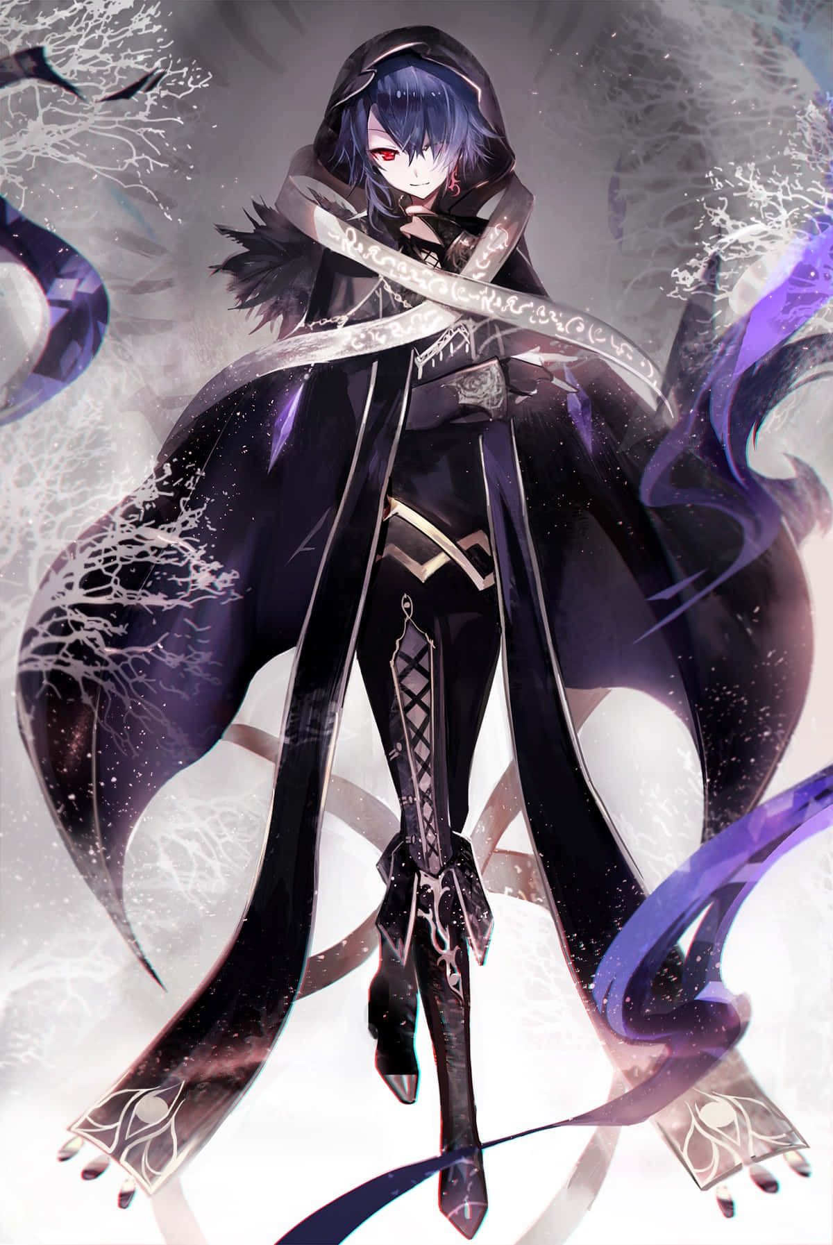 action anime, dark-haired anime character, flowing black cloak with purple accents, HD Phone Wallpaper