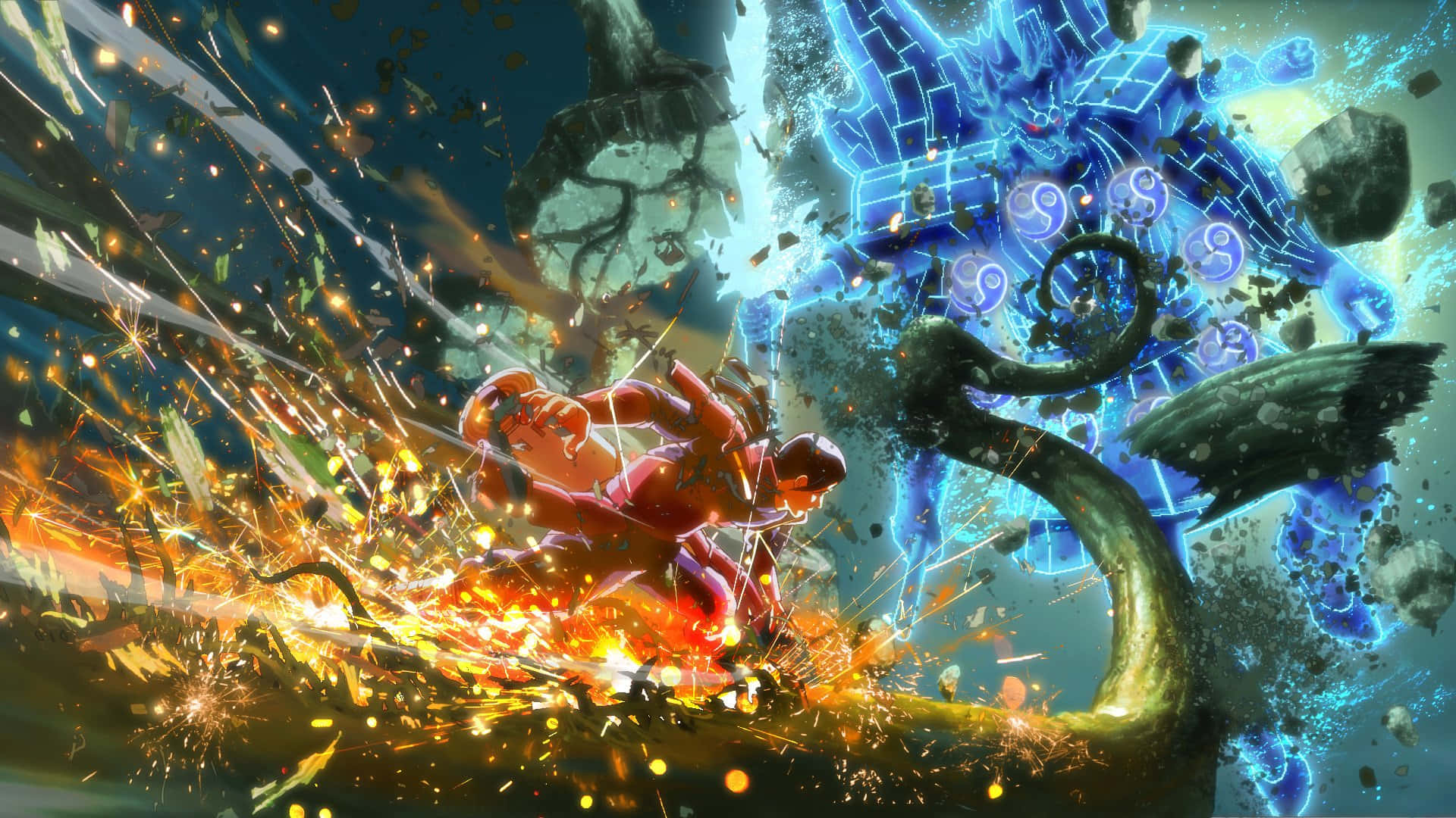fiery red warrior, glowing blue dragon, explosive sparks, Full HD Desktop Wallpaper