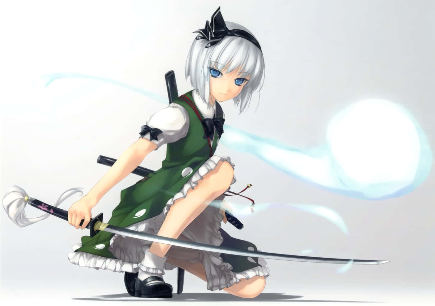 silver-haired anime girl, green maid outfit, katana, HD Desktop Wallpaper