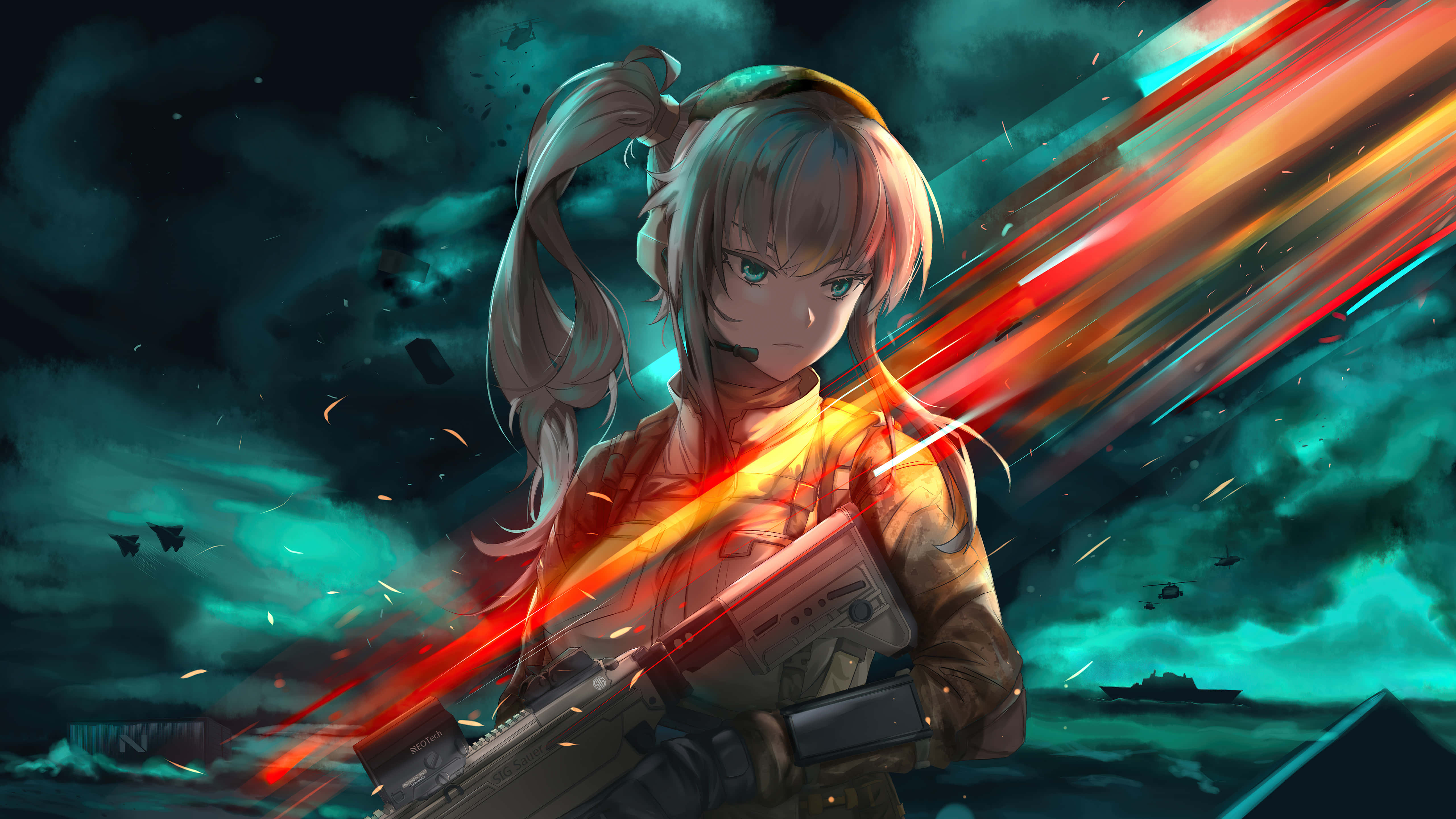 anime girl, twin ponytails, glowing rifle, 5K Desktop Wallpaper