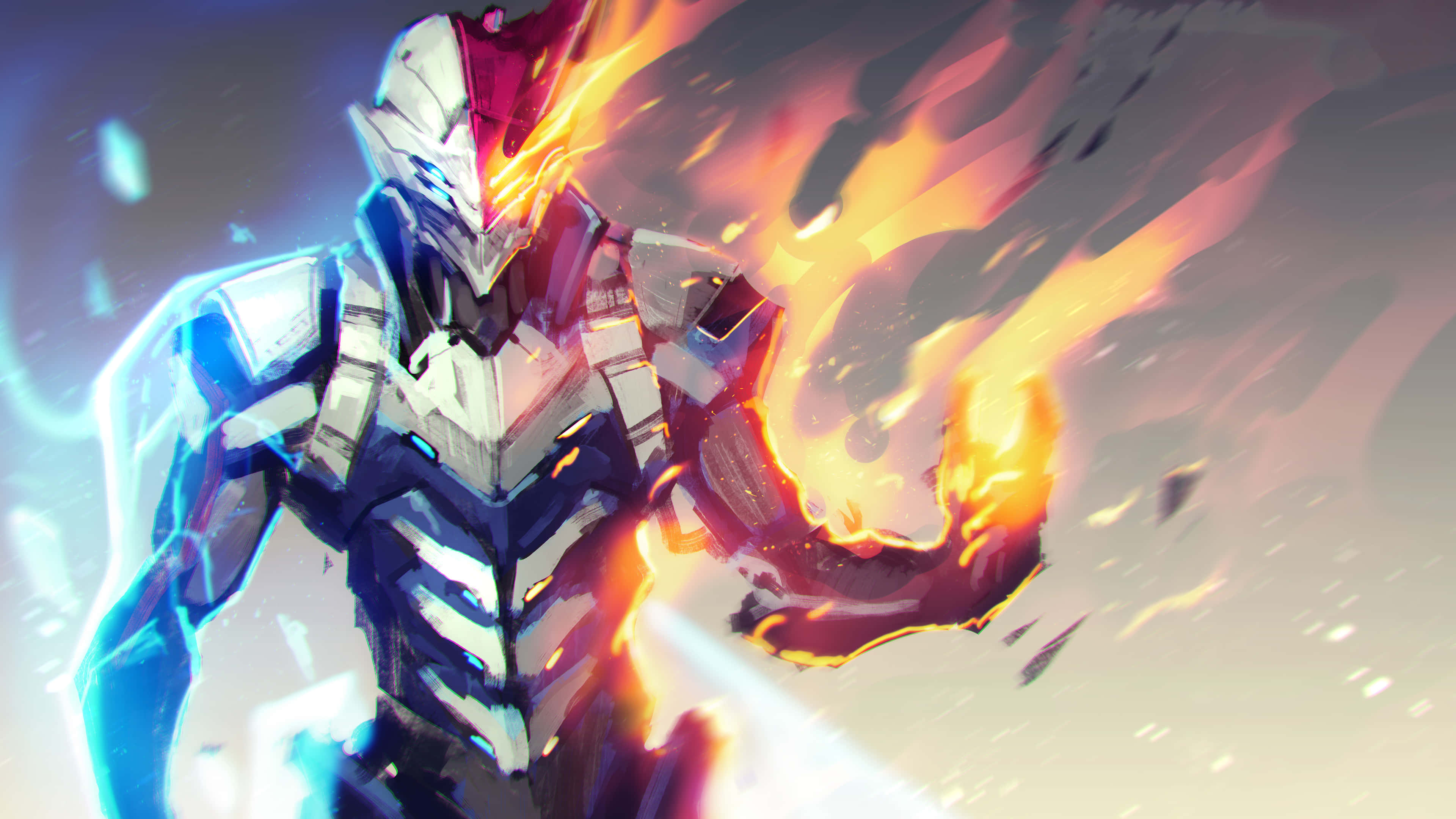 futuristic suit, fire in his hands, icy aura, 4K Desktop Wallpaper