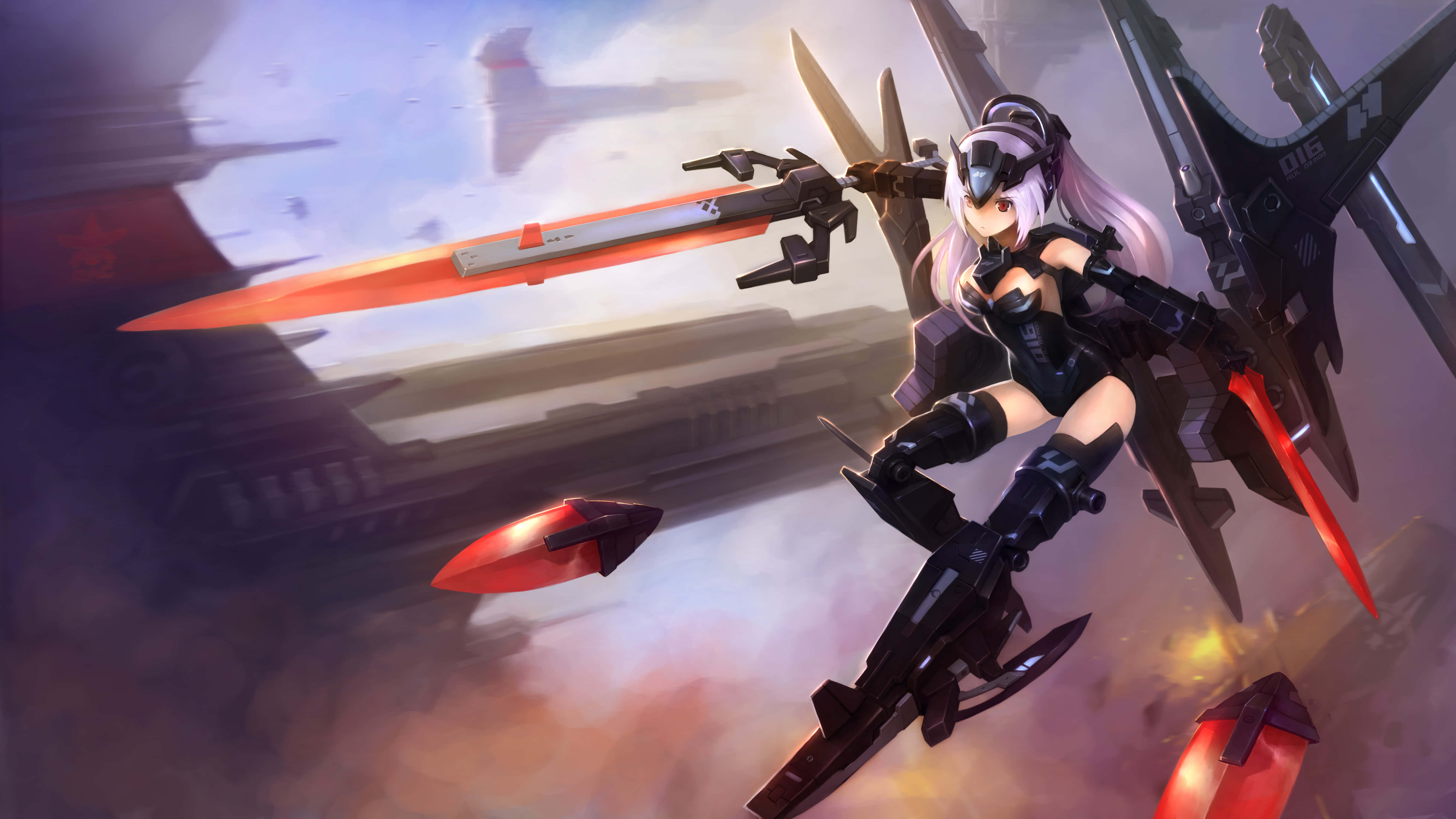 Action Anime, pink hair, glowing sword, 5K Desktop Wallpaper