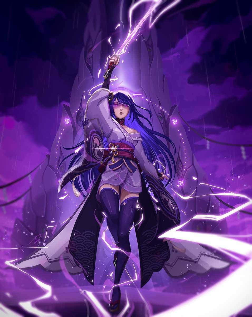 purple-haired anime warrior, glowing sword, stormy purple sky, SD Phone Wallpaper