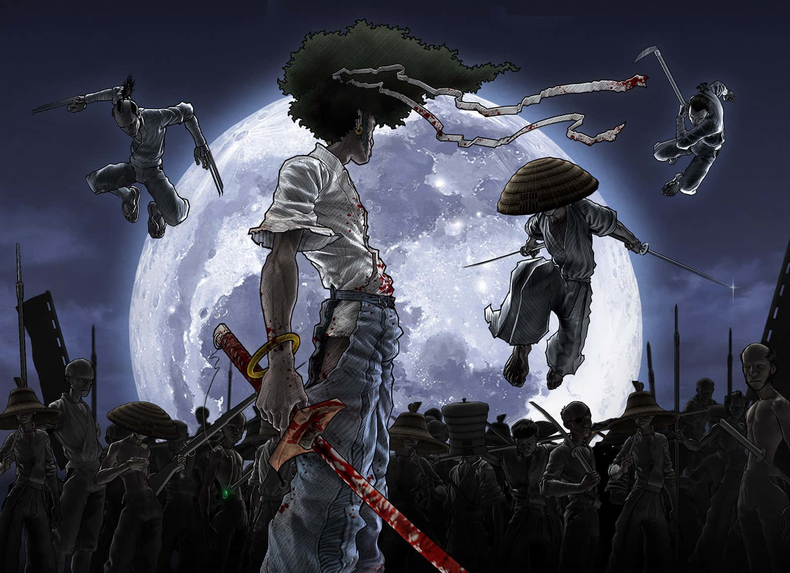 afro, full moon, bloodied samurai, HD Desktop Wallpaper