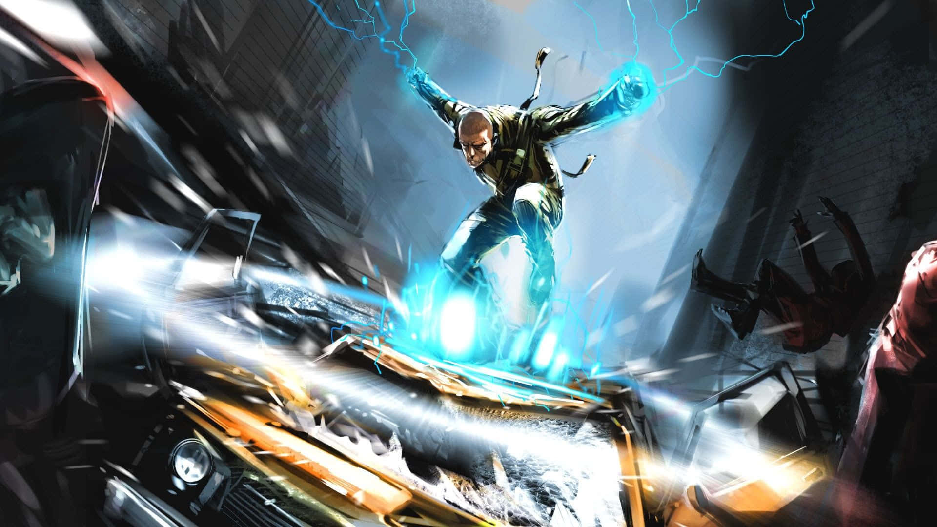 bald man, speeding car, blue lightning, Full HD Desktop Wallpaper