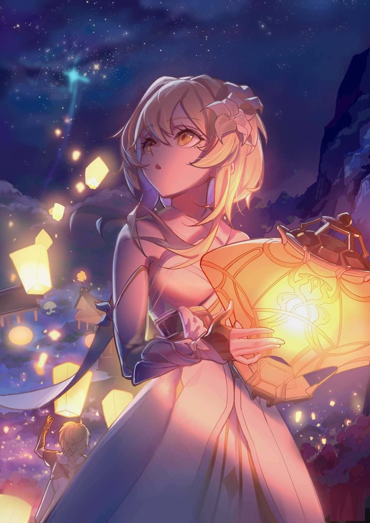 anime girl, flowing dress, lantern, Full HD Phone Wallpaper