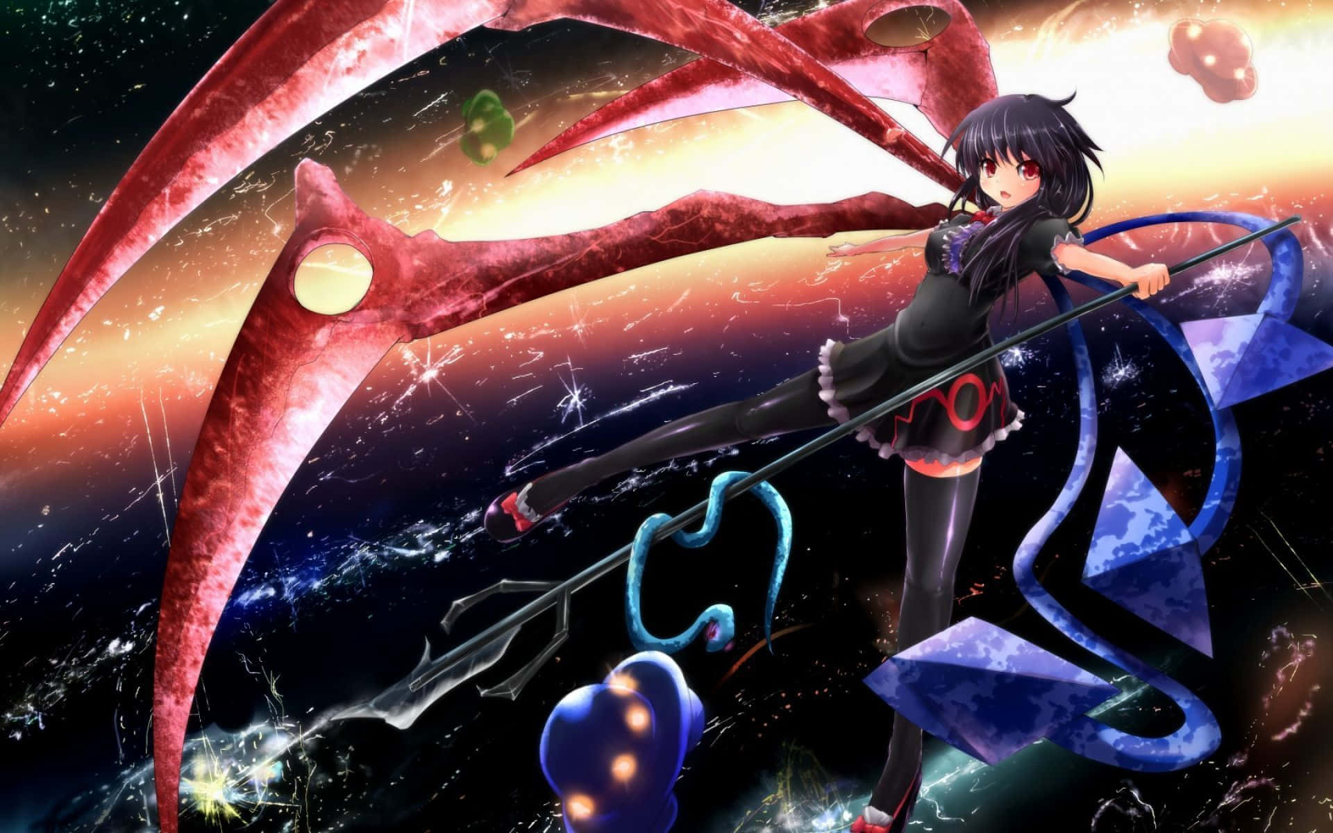 Anime girl, black hair, spear, Full HD Desktop Wallpaper