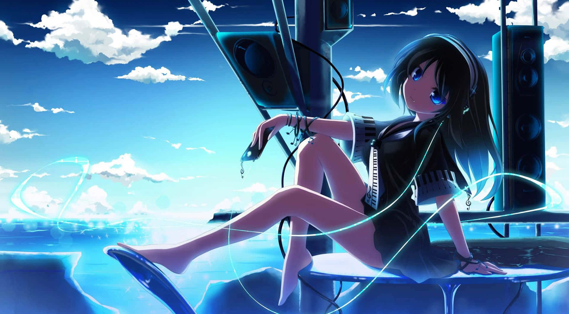 action anime, anime girl, headphones, Full HD Desktop Wallpaper