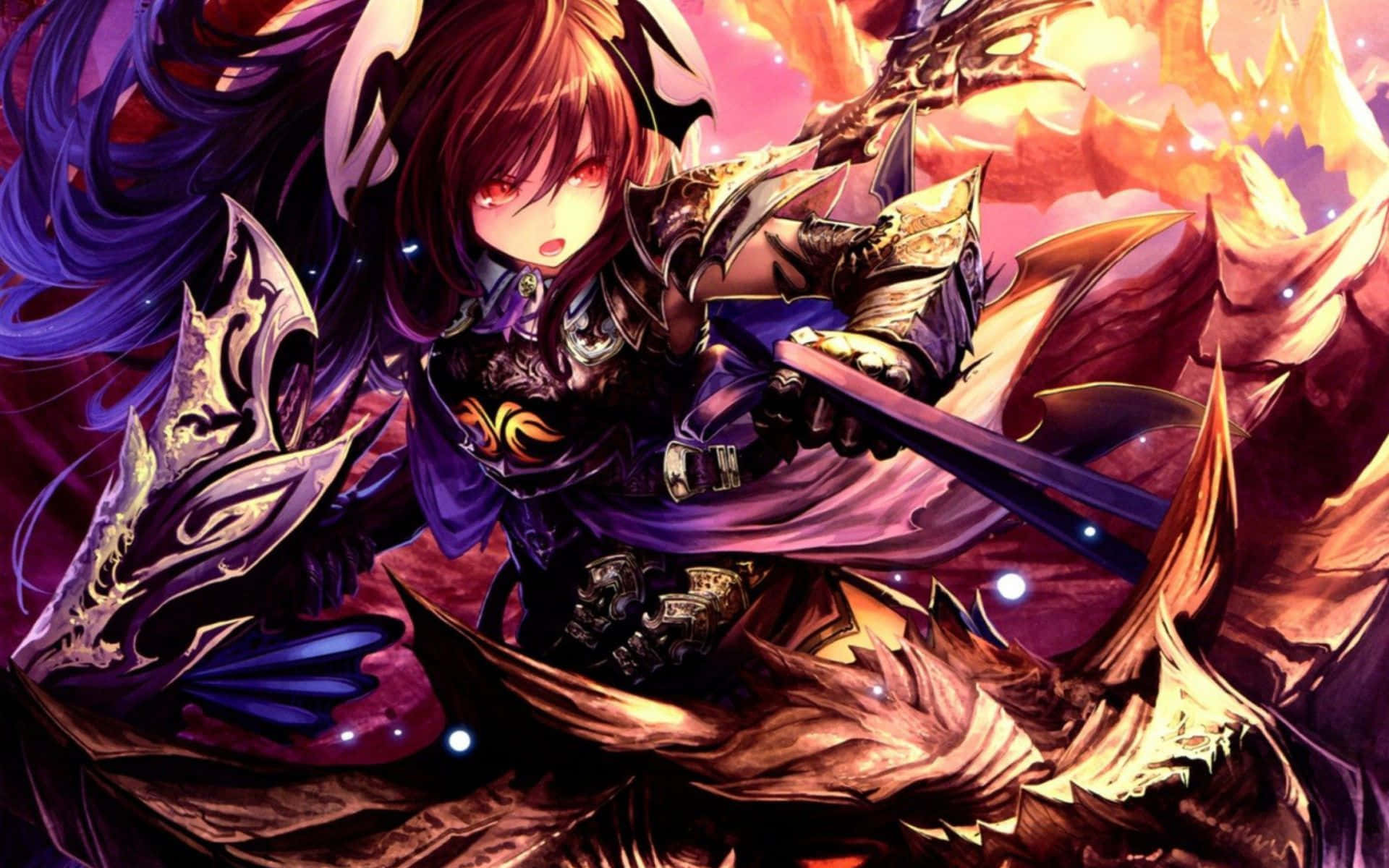 anime warrior, purple hair, glowing red eyes, Full HD Desktop Wallpaper