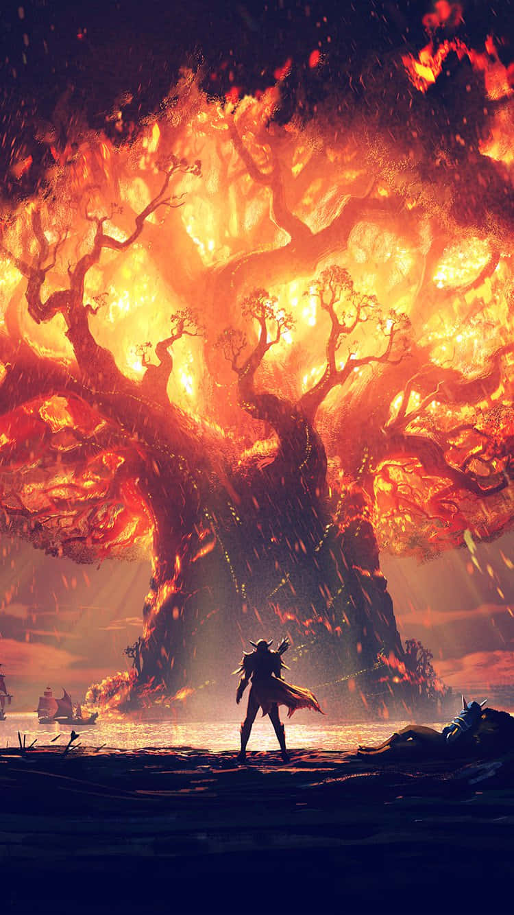 Action Anime, colossal fiery tree, molten orange light, HD Phone Wallpaper