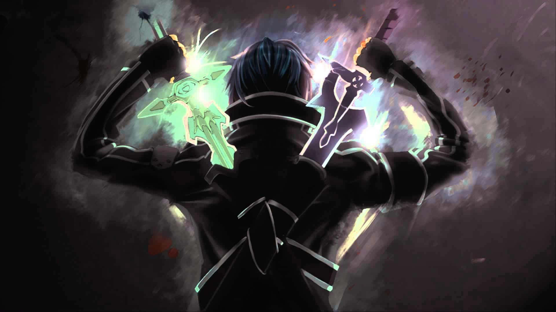 anime warrior, glowing swords, dramatic backlit battle stance, Full HD Desktop Wallpaper