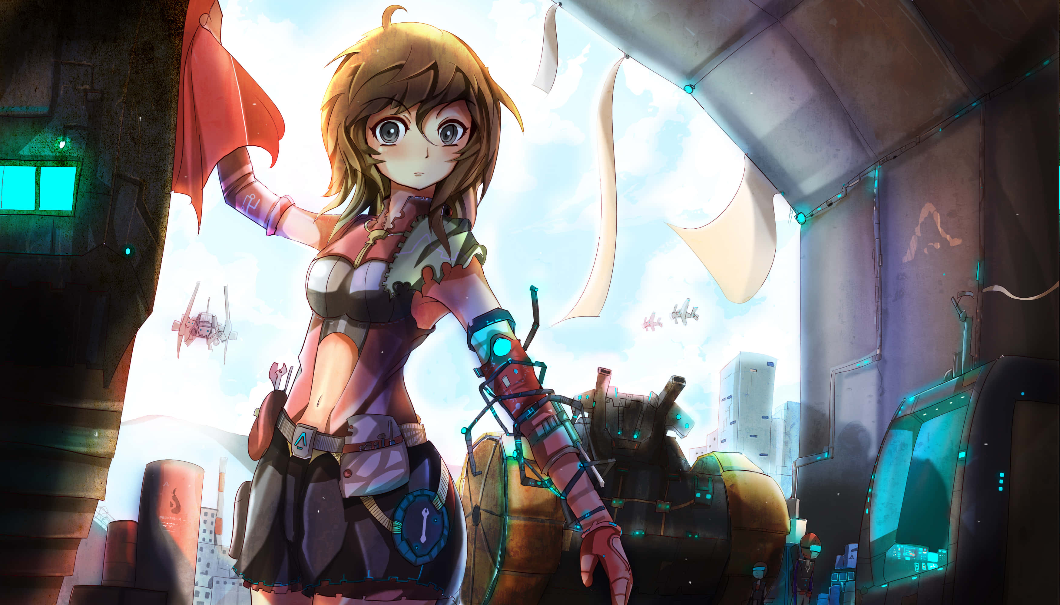 anime girl, cybernetic arm, futuristic hangar, 2K Desktop Wallpaper