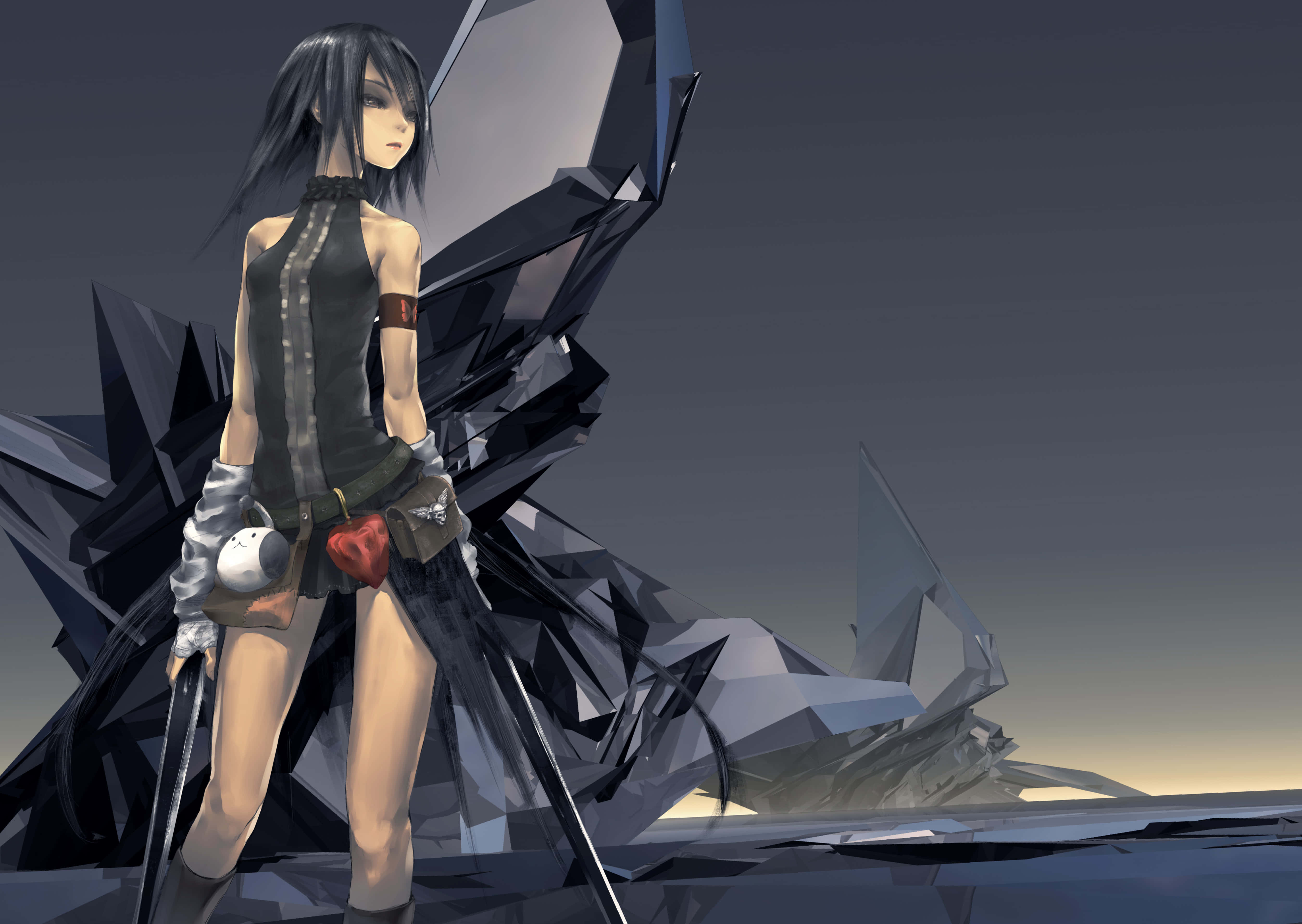 anime girl, black hair, jagged dark crystal formations, 4K Desktop Wallpaper