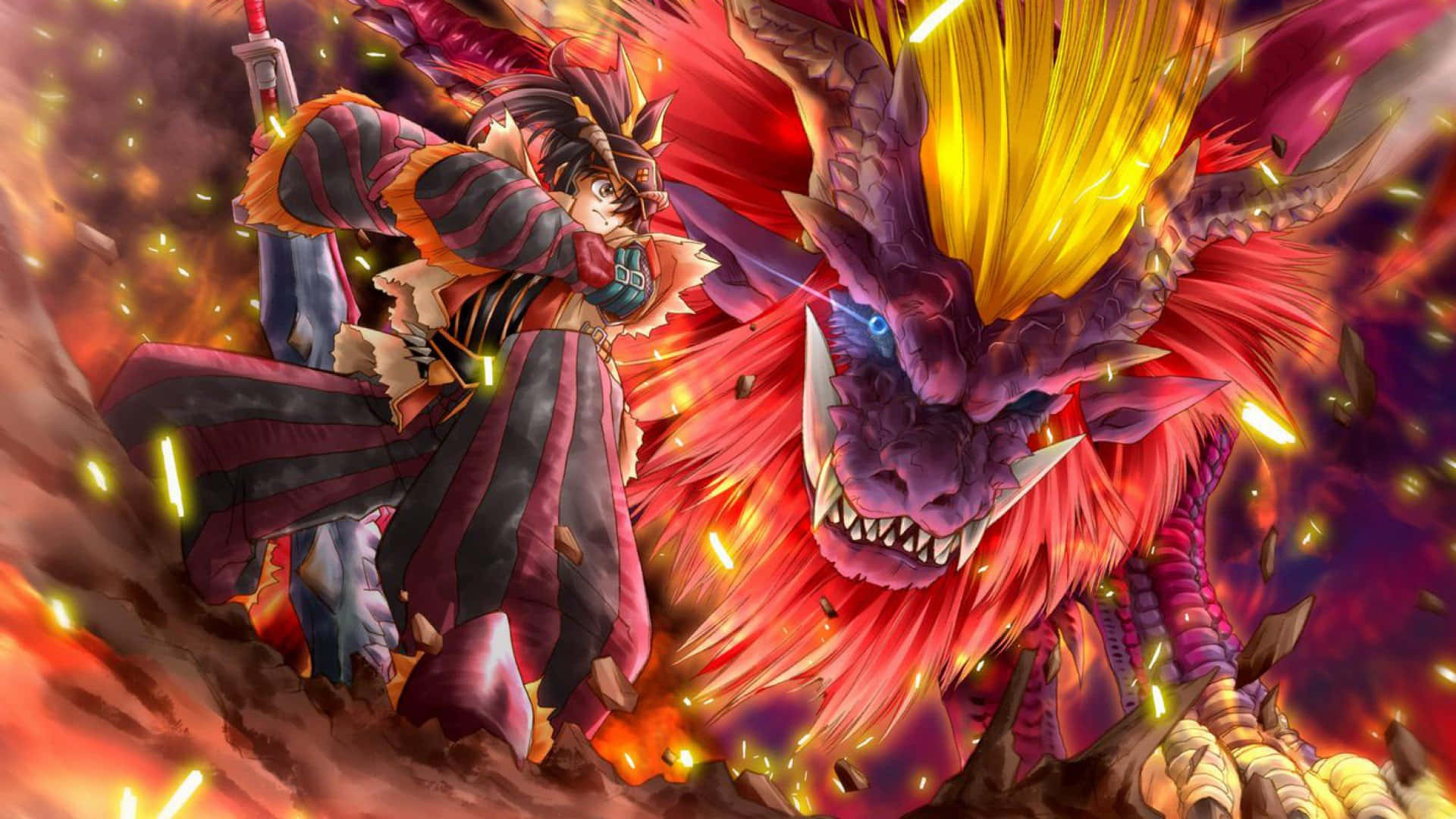 warrior, striped armor, fiery red dragon, Full HD Desktop Wallpaper