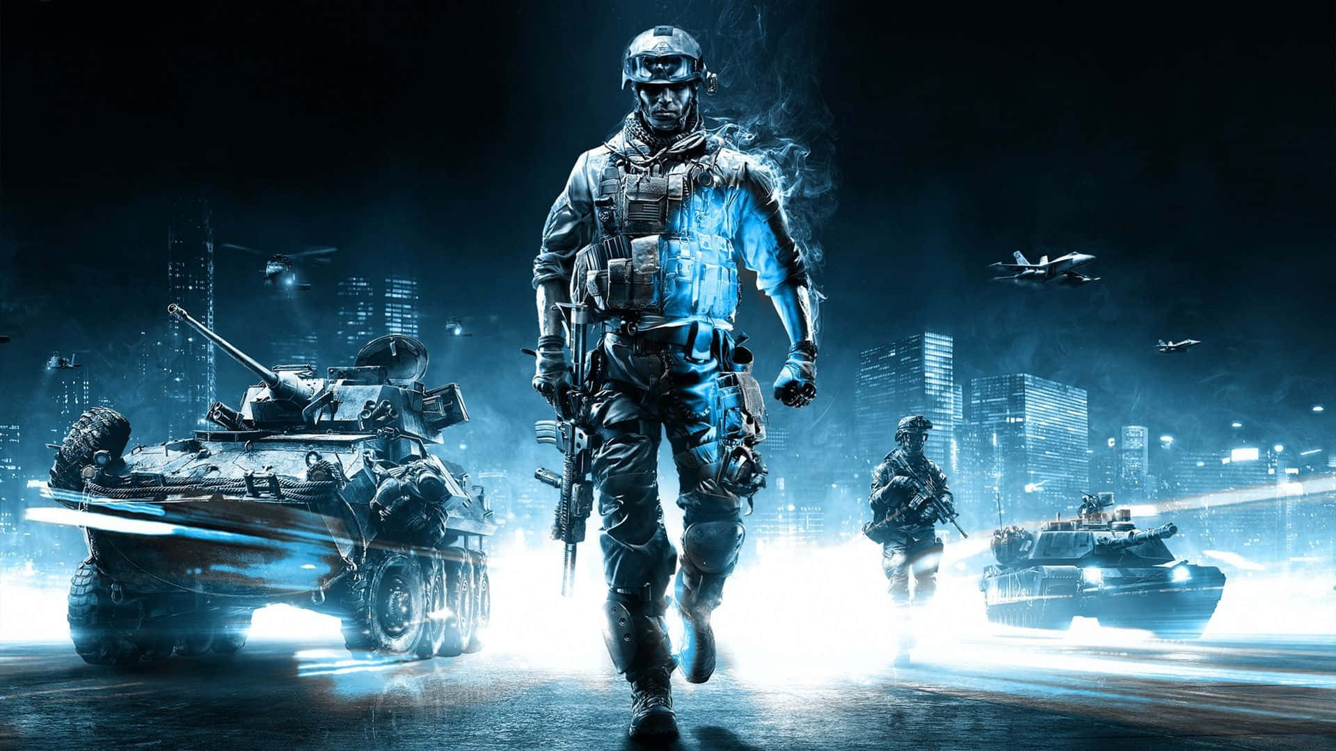soldier, neon-lit urban battlefield, armored vehicles, Full HD Desktop Wallpaper