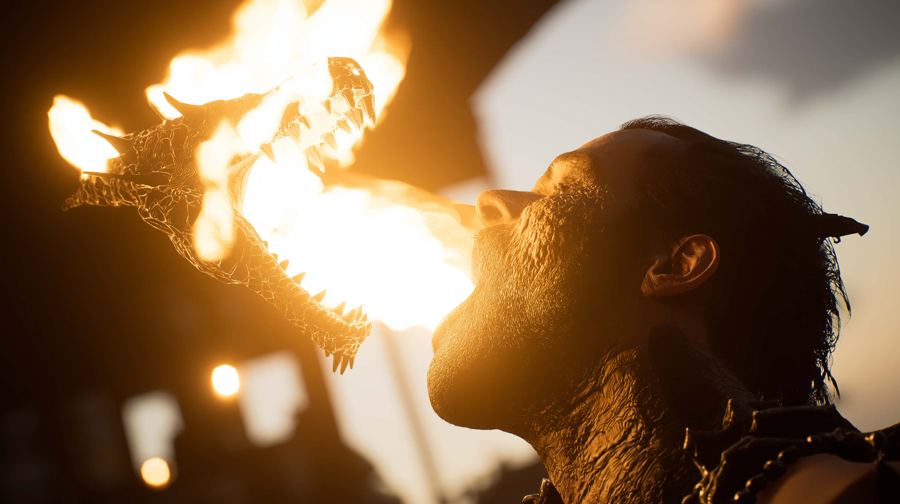dragon prop, fiery performance, golden sunset sky, 2K Desktop Wallpaper