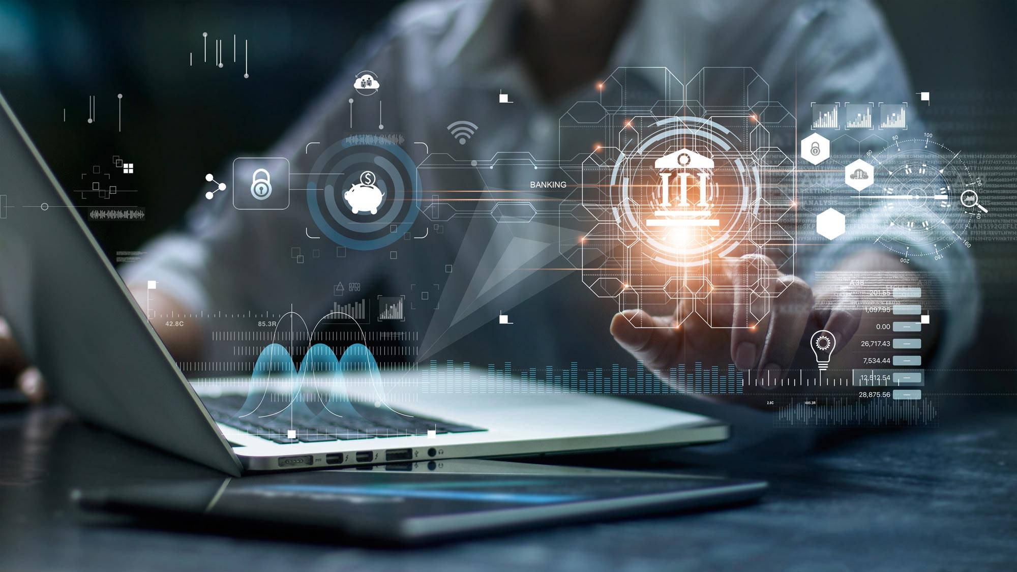 Actuary Analyst Business Management Technology, glowing holographic financial data, laptop, Full HD Desktop Wallpaper