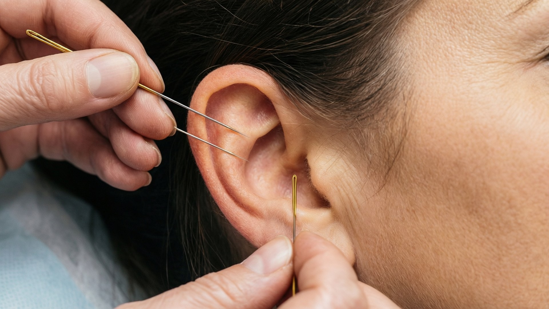 ear acupuncture, gold needles, macro shot, Full HD Desktop Wallpaper