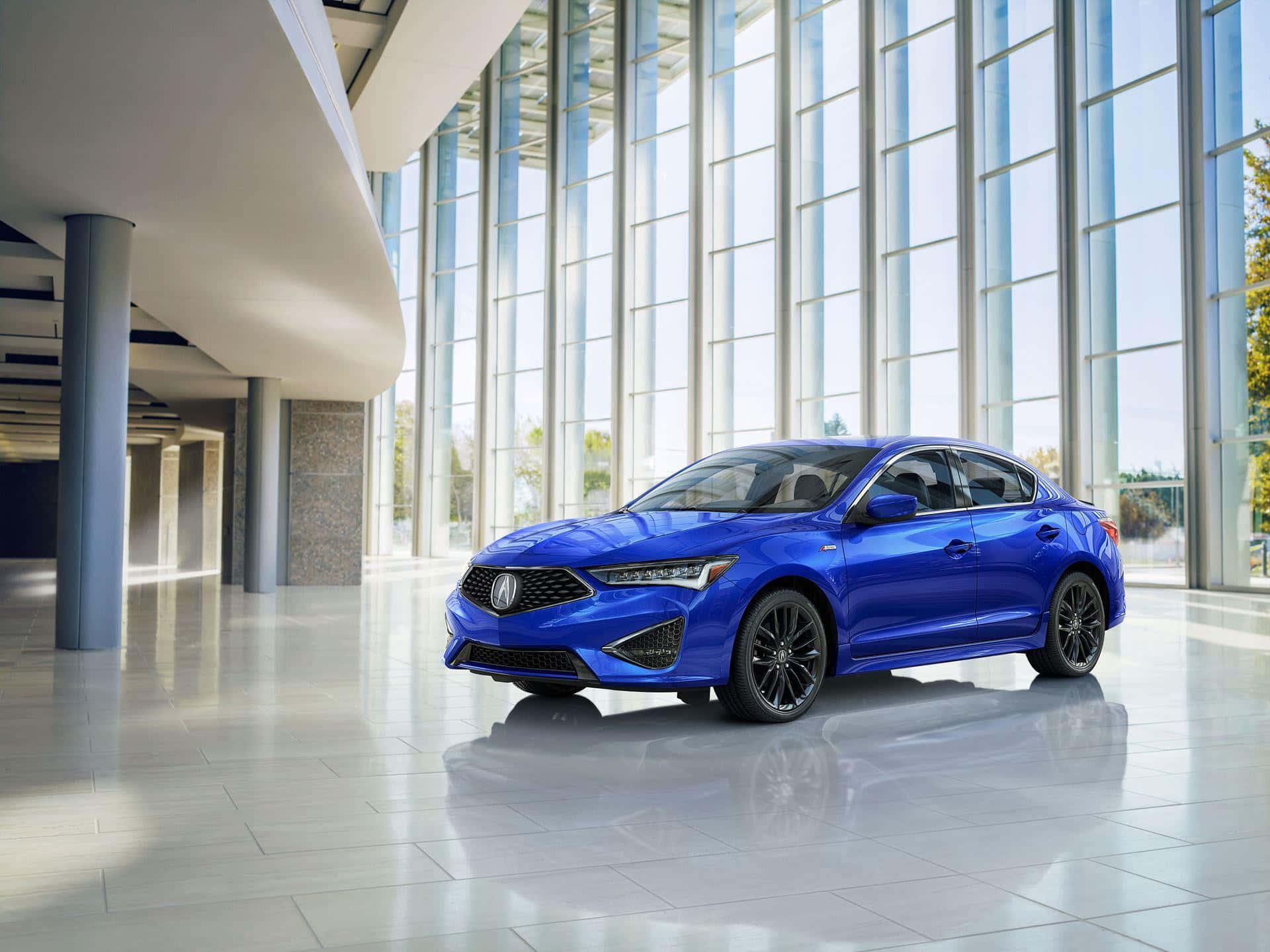 Acura ILX, vibrant blue, modern glass-walled showroom, Full HD Desktop Wallpaper
