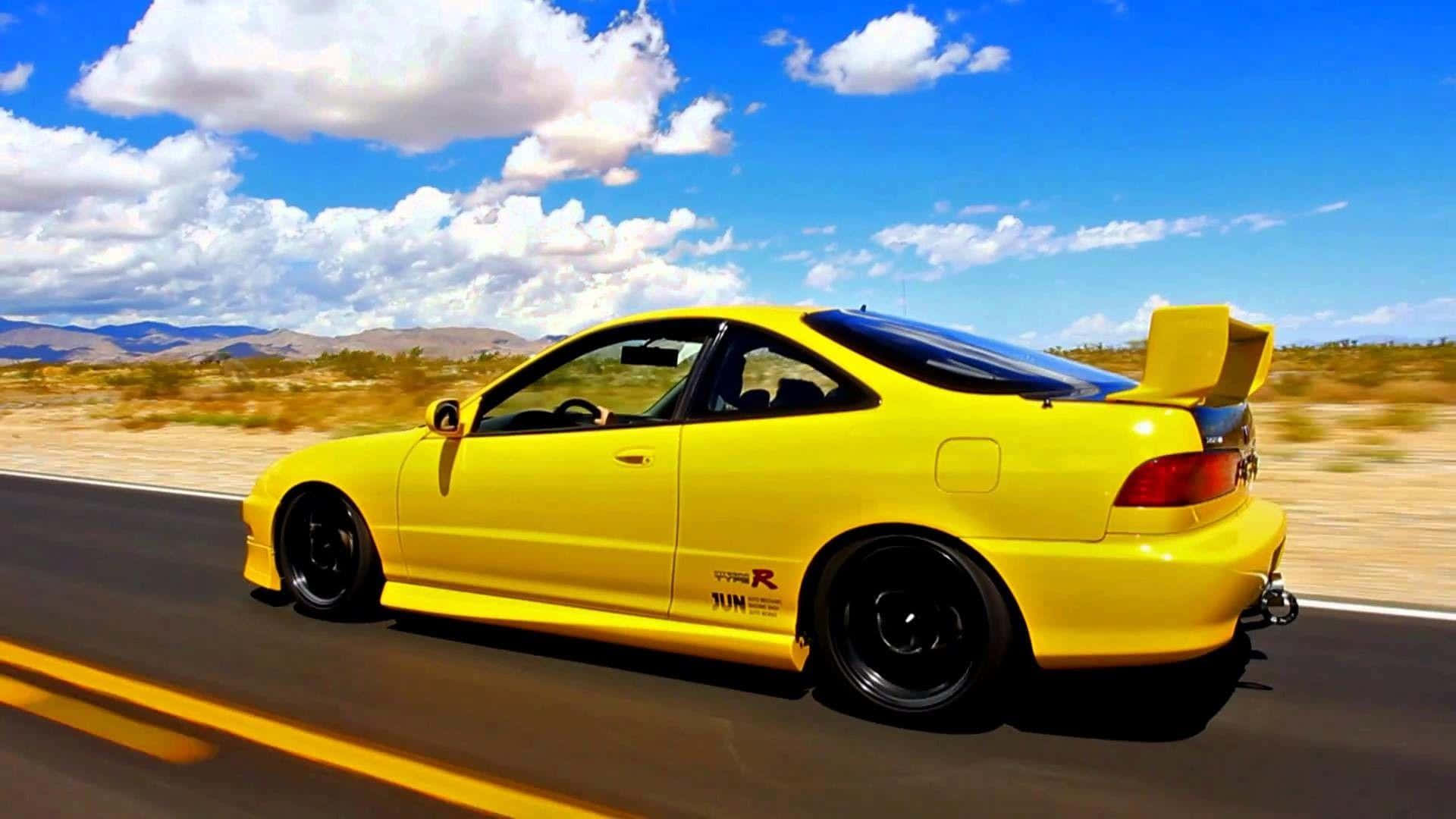Acura Integra, bright yellow, desert highway, Full HD Desktop Wallpaper