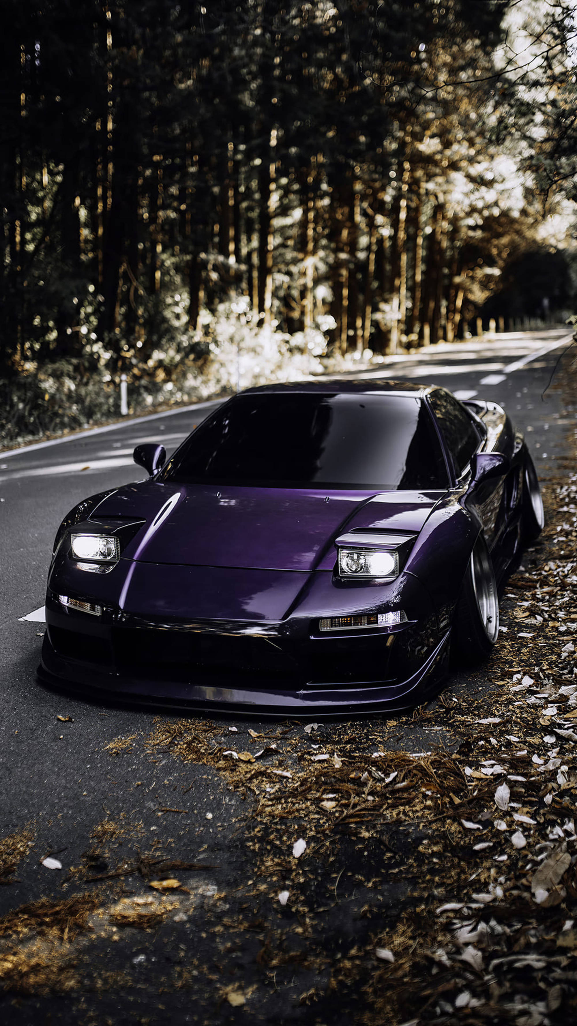 Acura NSX, glossy purple, forest road, 2K Phone Wallpaper