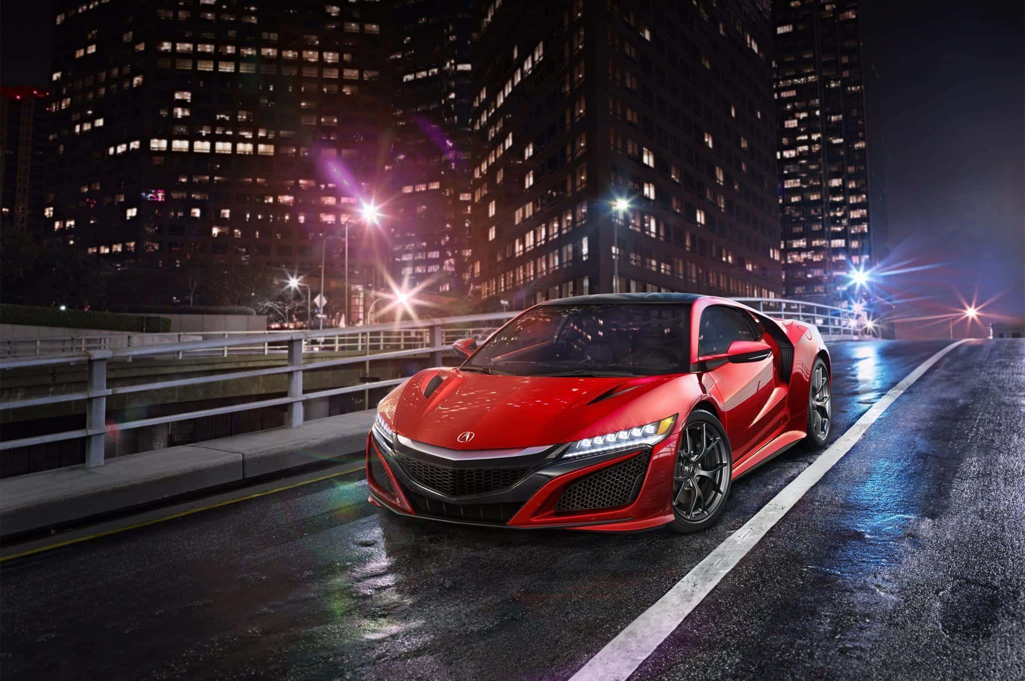 Acura NSX, vibrant red, wet city street, Full HD Desktop Wallpaper