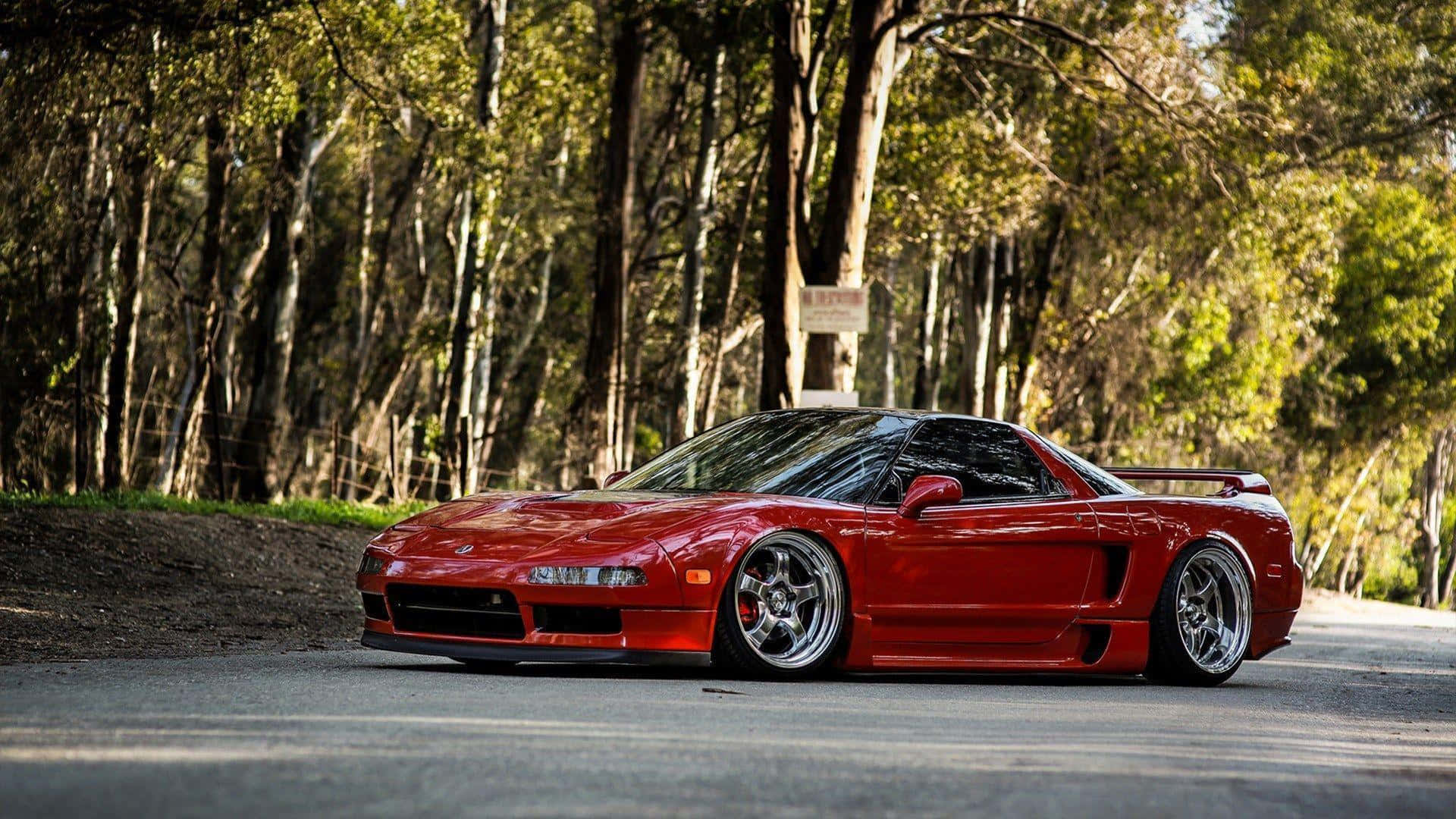 Acura NSX, vibrant red, forest road, Full HD Desktop Wallpaper