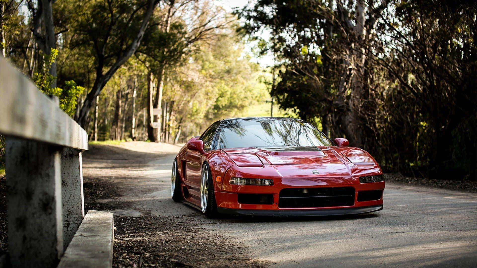 Acura NSX, glossy red, tree-lined road, Full HD Desktop Wallpaper