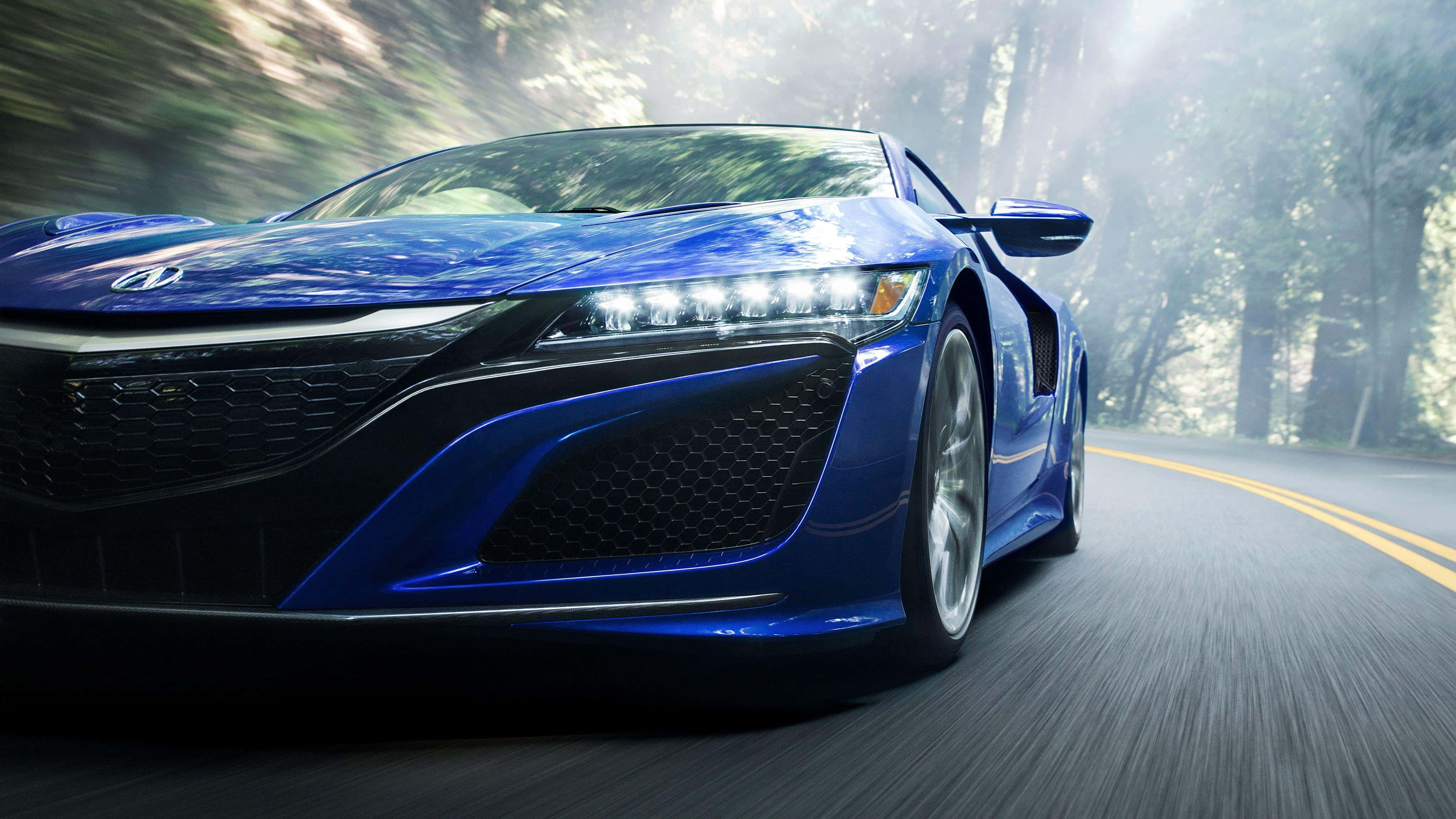 Acura NSX, vibrant blue, forest-lined road, 4K Desktop Wallpaper