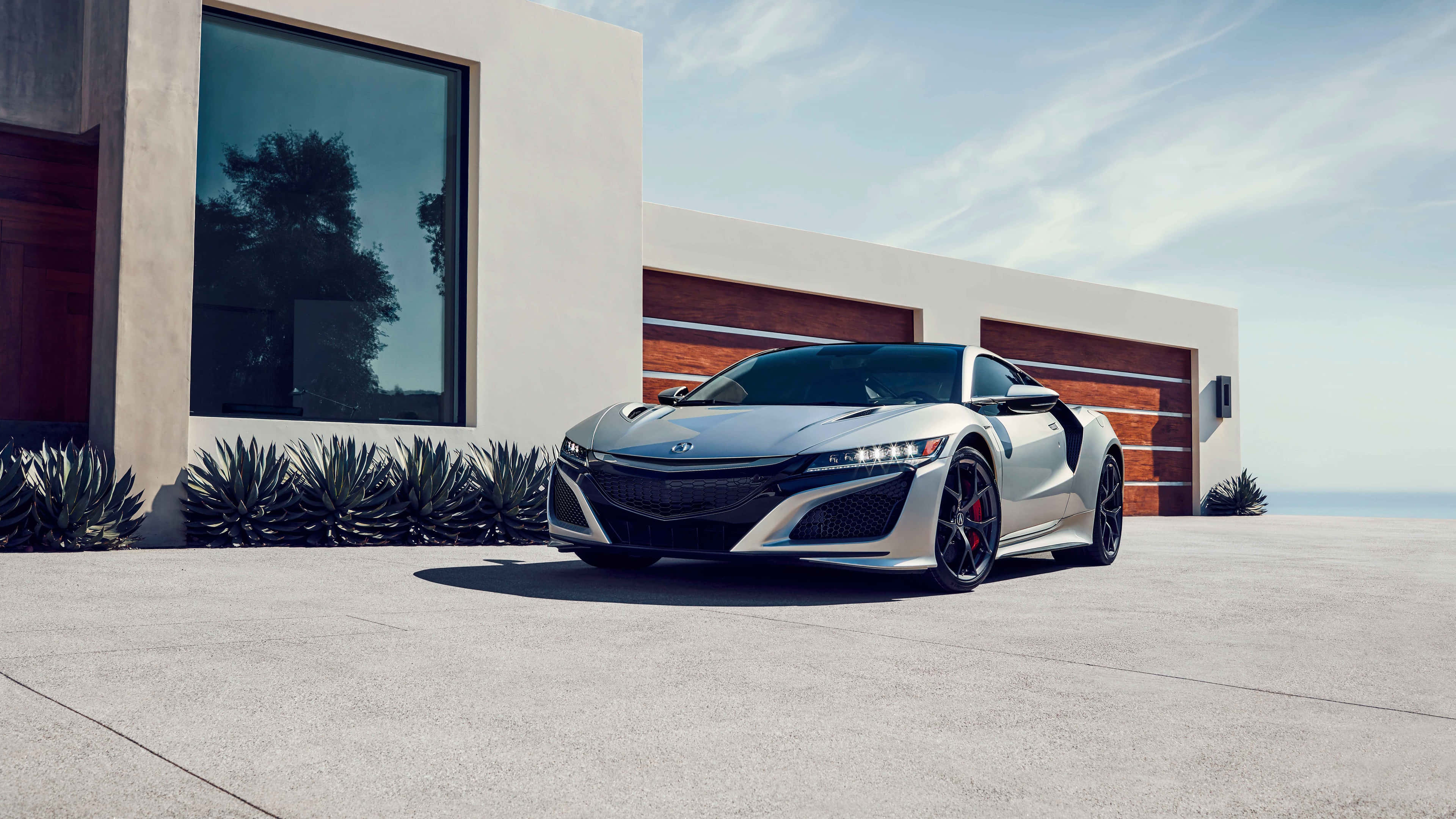 Acura NSX, silver, concrete driveway, 4K Desktop Wallpaper