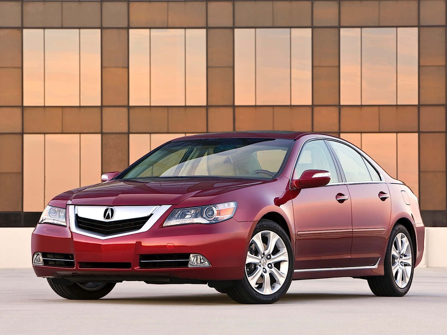 Acura RL, glossy red, modern building, HD Desktop Wallpaper